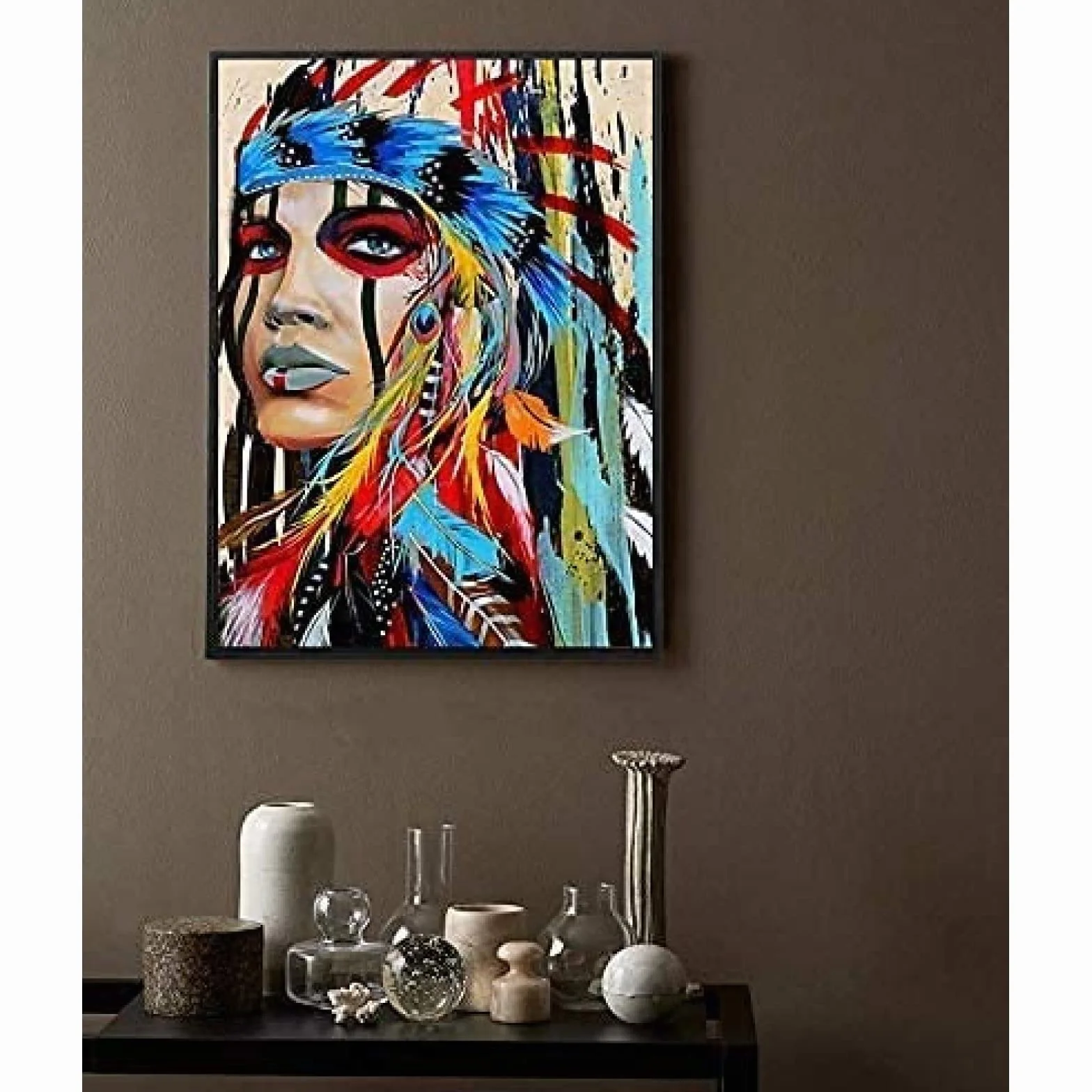 Malarstwo indiańskie indyjskie płótno sztuka ścienna Indianie kobieta dziewczyna kolorowe pierzaste nadruki obraz na płótnie grafika dekoracja ścienna obraz bez ramki 50 × 70 cm