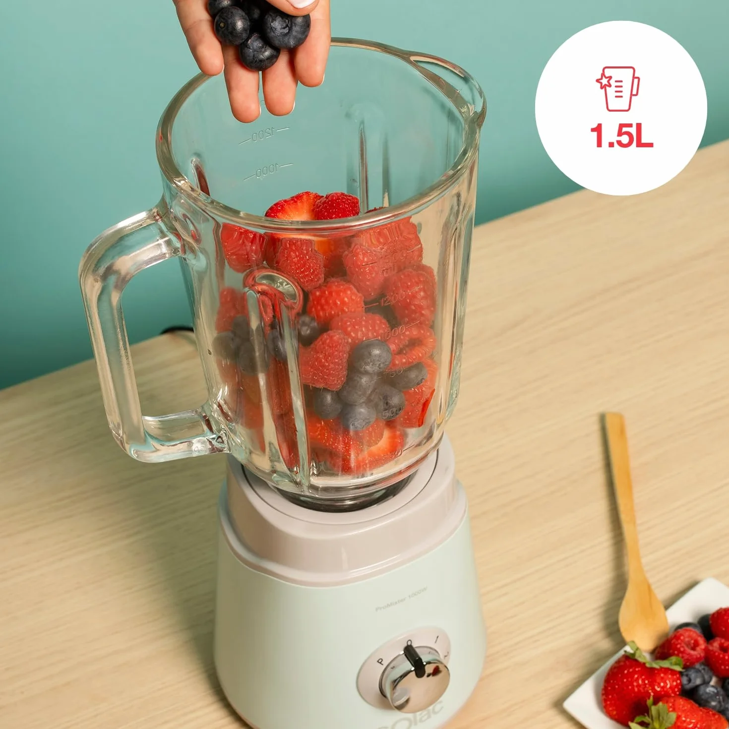 Solac Blender Pro Mixter 1000 | 1000 W, 1,5 l, 2 prędkości + Turbo, 4-ostrzowe zdejmowane ostrza do lodu, kruszarka do lodu, bezpieczeństwo, możliwość mycia w zmywarce, akcesoria w zestawie, niebieski