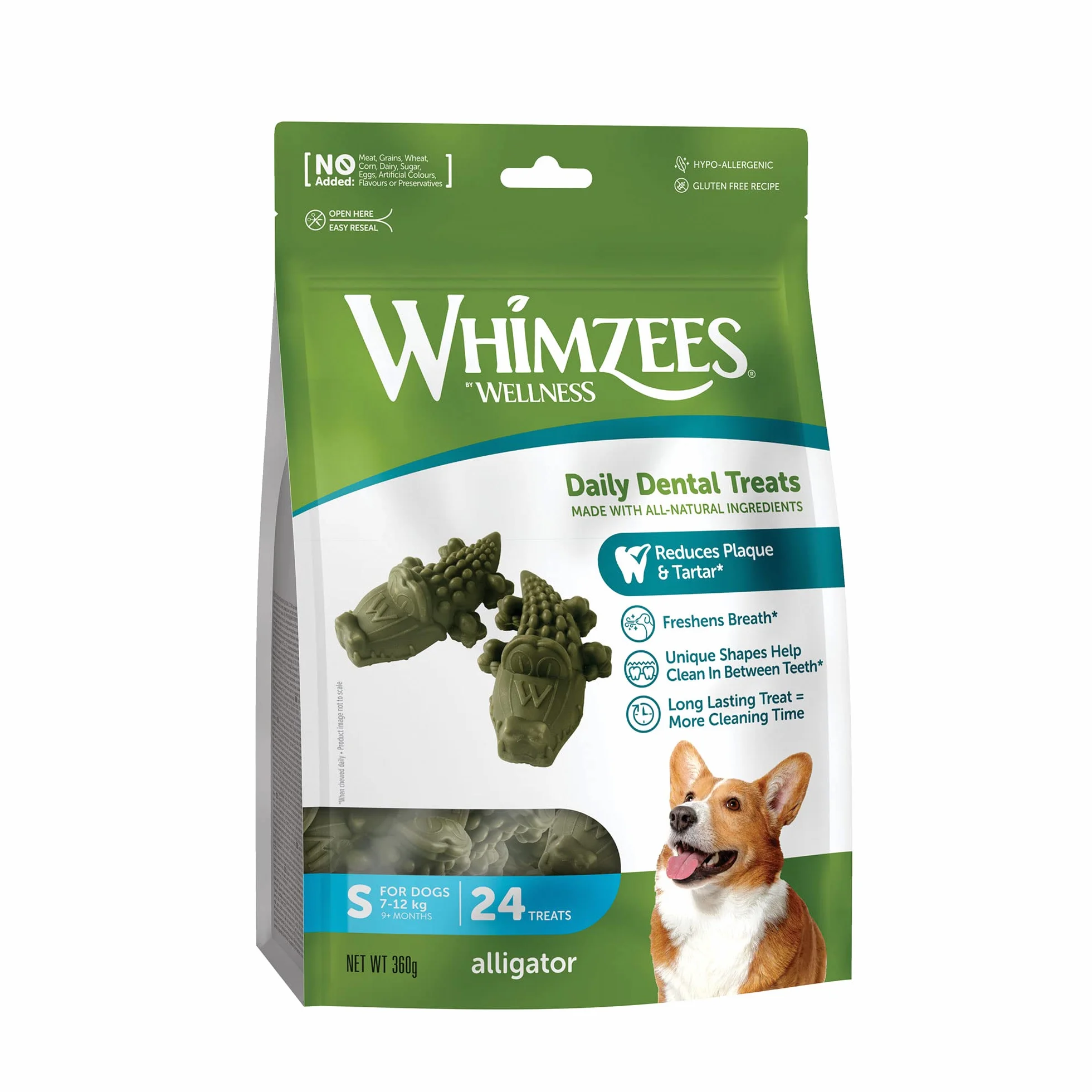 WHIMZEES Aligator S, 24 Sztuk – Rozmiar S, Gryzaki Dentystyczne dla Małych Psów, Naturalne, Bezzbożowe, Bez Dodatku Cukru
