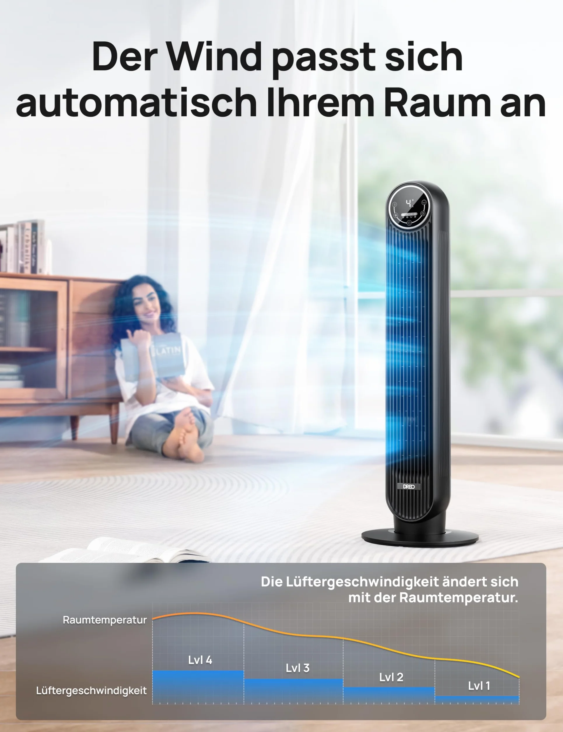 Dreo Inteligentny cichy wentylator kolumnowy, aplikacja i sterowanie głosem, oscylujący 90° wentylator z pilotem zdalnego sterowania, 4 tryby, 4 prędkości, timer 8 godzin, Nomad One S, czarny