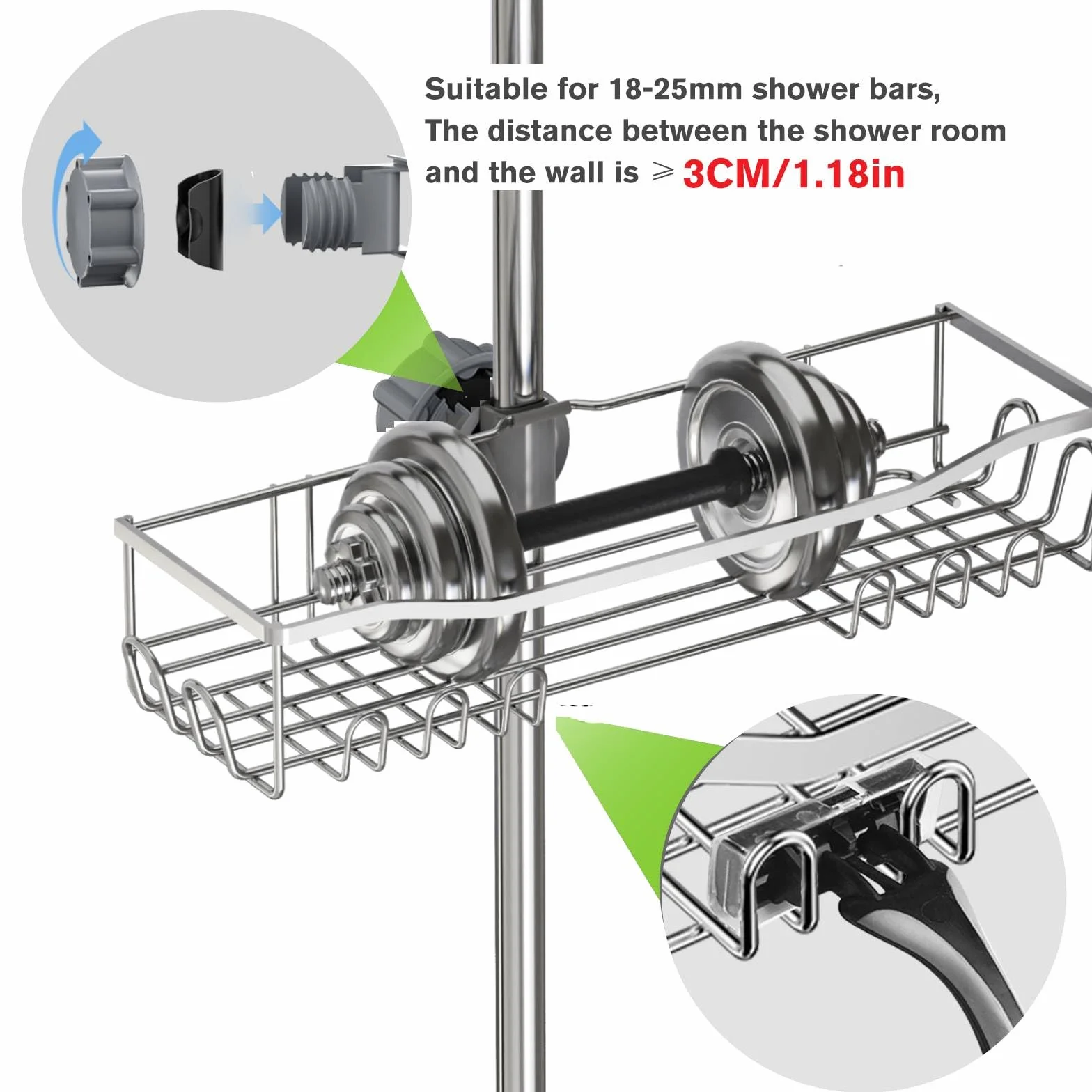 Pręt prysznicowy bez wierteł ze stali nierdzewnej duży rozmiar i pojemność do prętów prysznicowych od 18 mm do 25 mm, srebrny, do szamponów i żeli pod prysznic