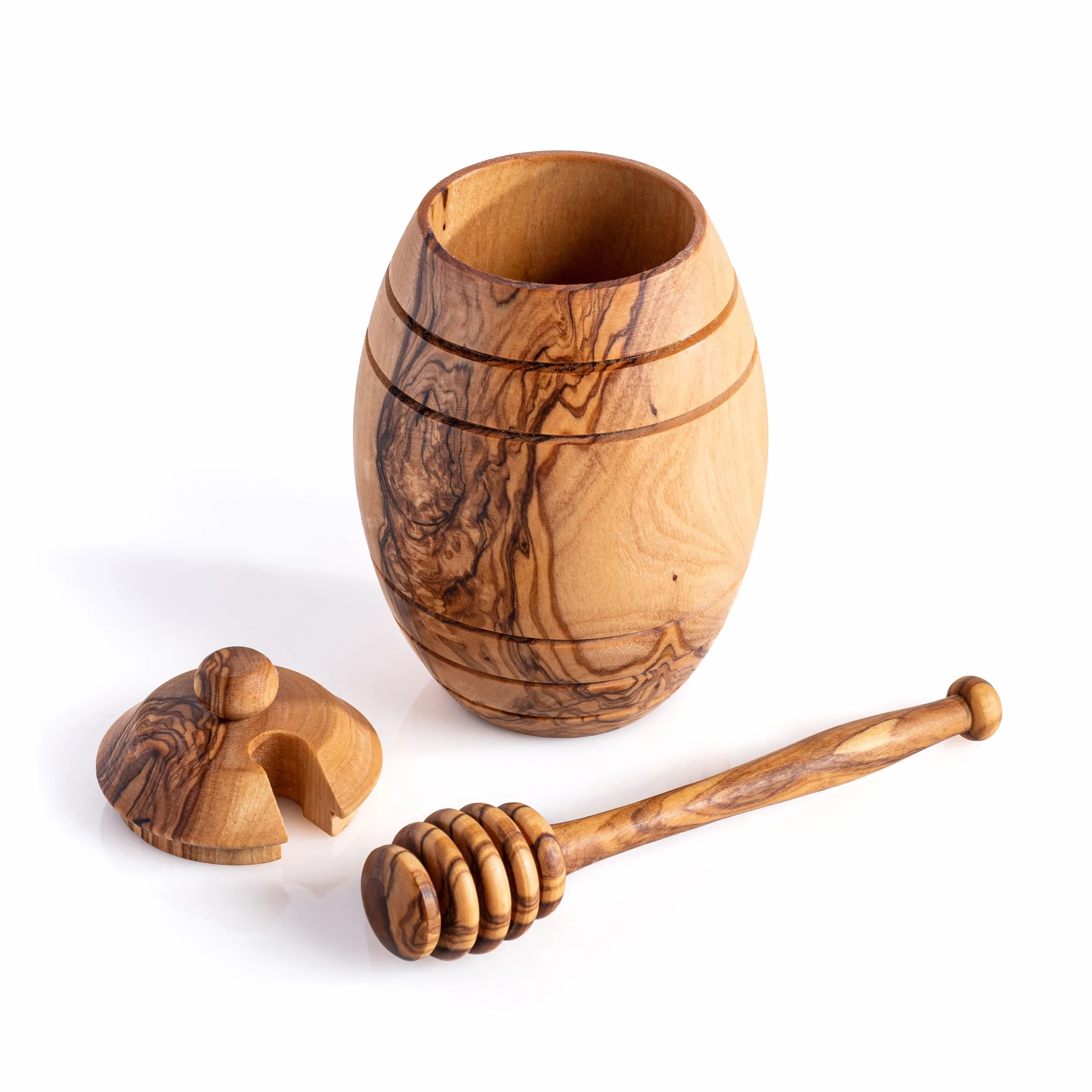 Garnek na miód z naturalnego drewna oliwkowego z łyżeczką – ręcznie wykonany – 12 x 8 cm – pojemnik na miód z drewna z pokrywką i łyżeczką do miodu – 12 x 8 cm, z łyżeczką do miodu, z drewna