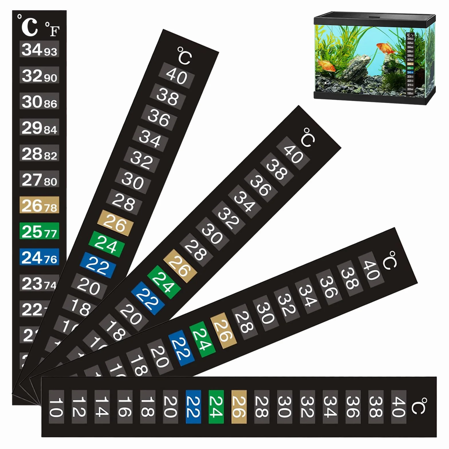 Paski do pomiaru temperatury, 5 sztuk, termometr, termometr, akwarium, samoprzylepny termometr akwariowy, paski 10-40, odpowiednie do akwariów domowych i akwariów, 18-34 stopni, 1 sztuka