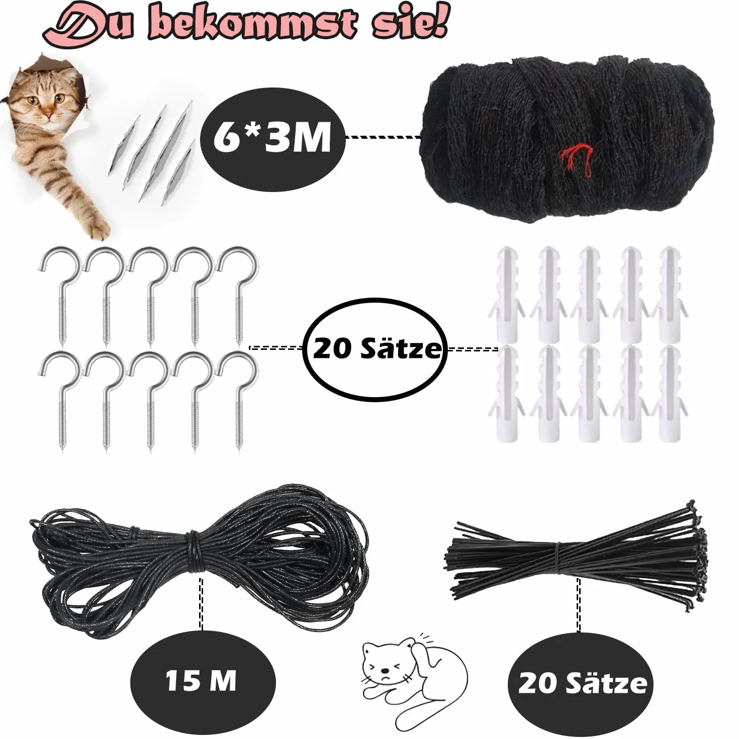 Siatka dla kota na balkon, 6 x 3 m, wzmocniona drutem, z linką mocującą 15 m i akcesoriami, mocna, trwała, odporna na promieniowanie UV, odporna na warunki atmosferyczne, nadaje się na balkon,