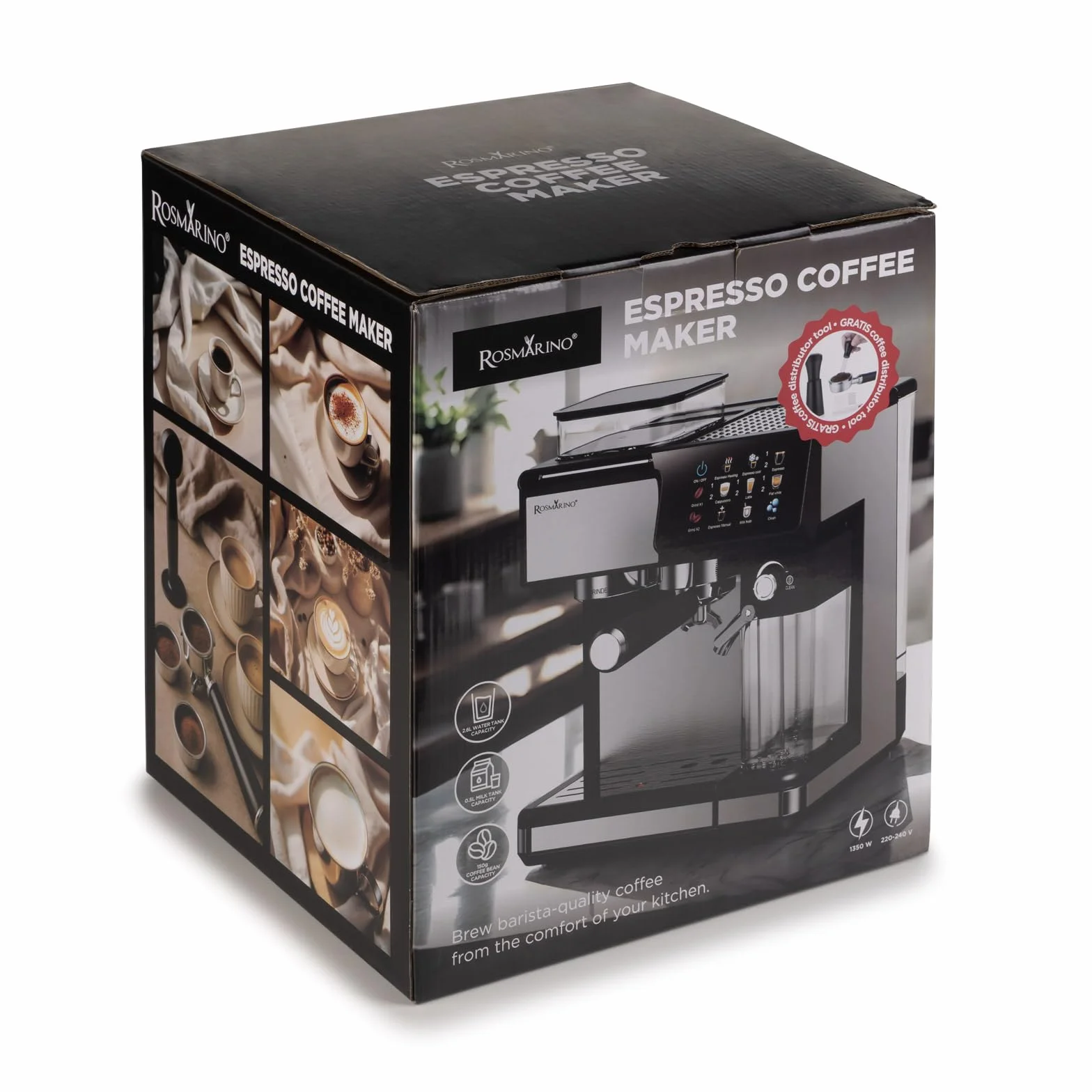ROSMARINO W pełni automatyczny ekspres do kawy z młynkiem, pompa 20 bar, automatyczny spieniacz do mleka, Touch Control, zbiornik na wodę 2,6 l, espresso Cappuccino Latte, samoczyszczący, czarny