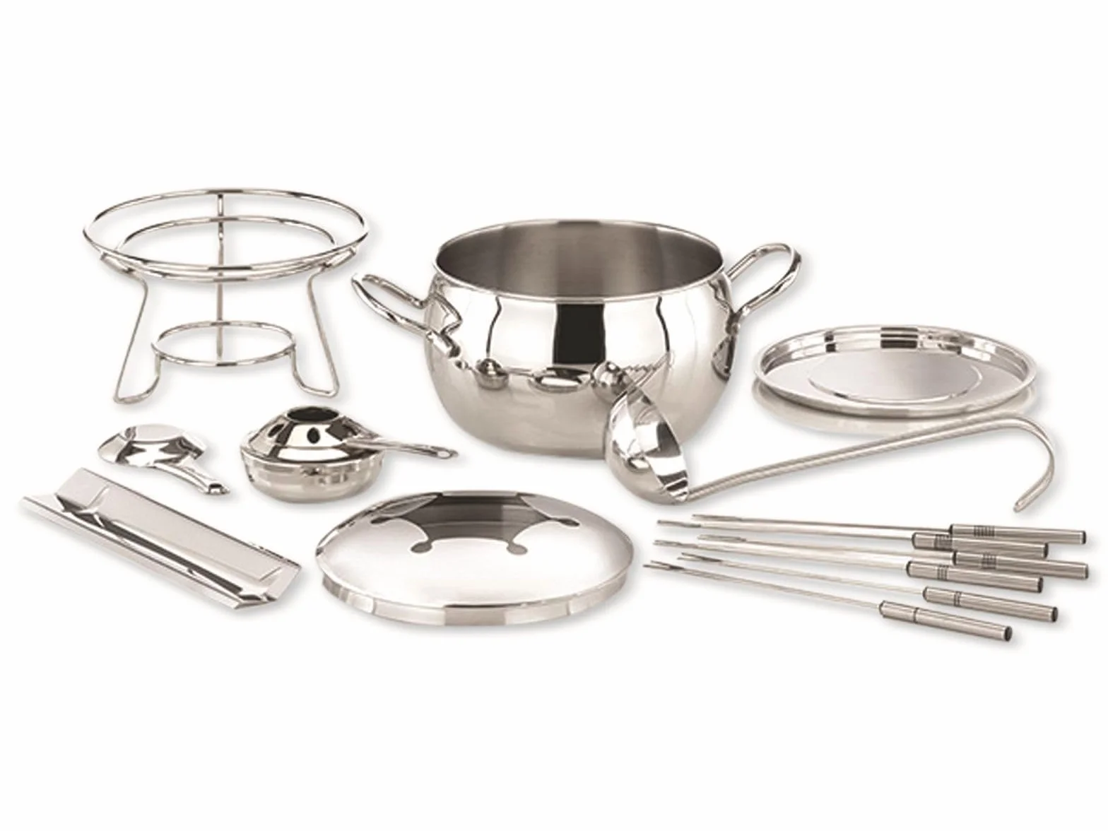 APS 65060 Zestaw do fondue i szczypce do fondue, garnek do fondue, pokrywka ze stali nierdzewnej, polerowana na lustro, chromowana, chochla, na ok. 2,2 l.