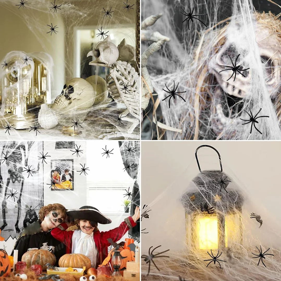Augesak Dekoracja na Halloween, pajęczyna, 120 g, dekoracja na Halloween, do użytku na zewnątrz, z 50 czarnymi pająkami, realistyczna dekoracja na imprezę z horroru, dekoracja ogrodu