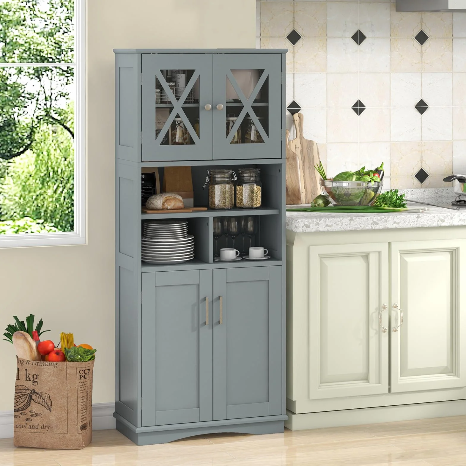 COSTWAY Szafka łazienkowa, wysoka szafka łazienkowa z 3 regulowanymi półkami i 4 drzwiami, drewniana szafka do przechowywania, do łazienki, salonu i kuchni, 60 x 30 x 145 cm (szara)