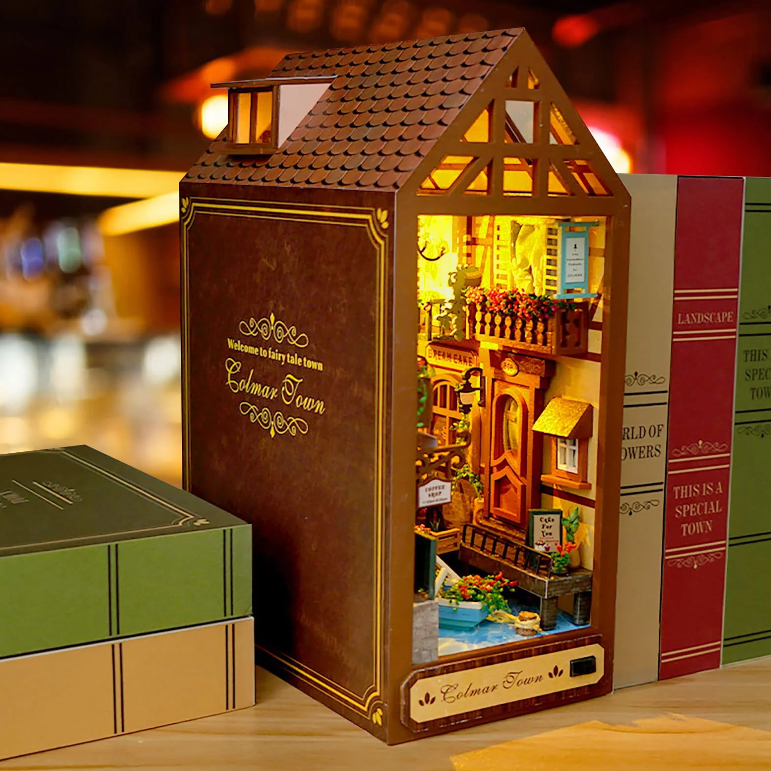 Cuteefun Drewniane podpórki do książek 3D, zestaw do samodzielnego wykonania, miniaturowy domek dla lalek z meblami, wkładka na półkę, prezent na urodziny, Święto Dziękczynienia, Boże Narodzenie