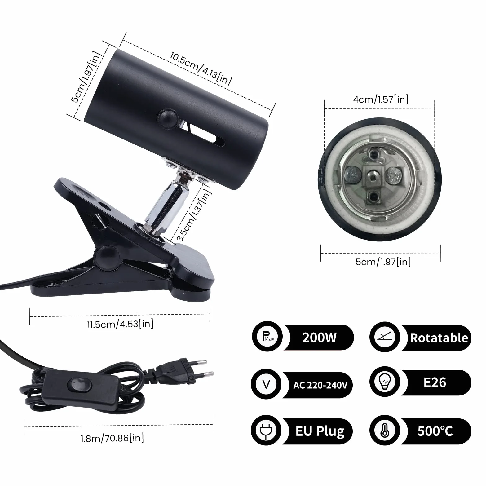Bonlux E27 lampa zaciskowa oprawa grzewcza regulacja 360° z przełącznikiem dla żółwi akwarium terrarium