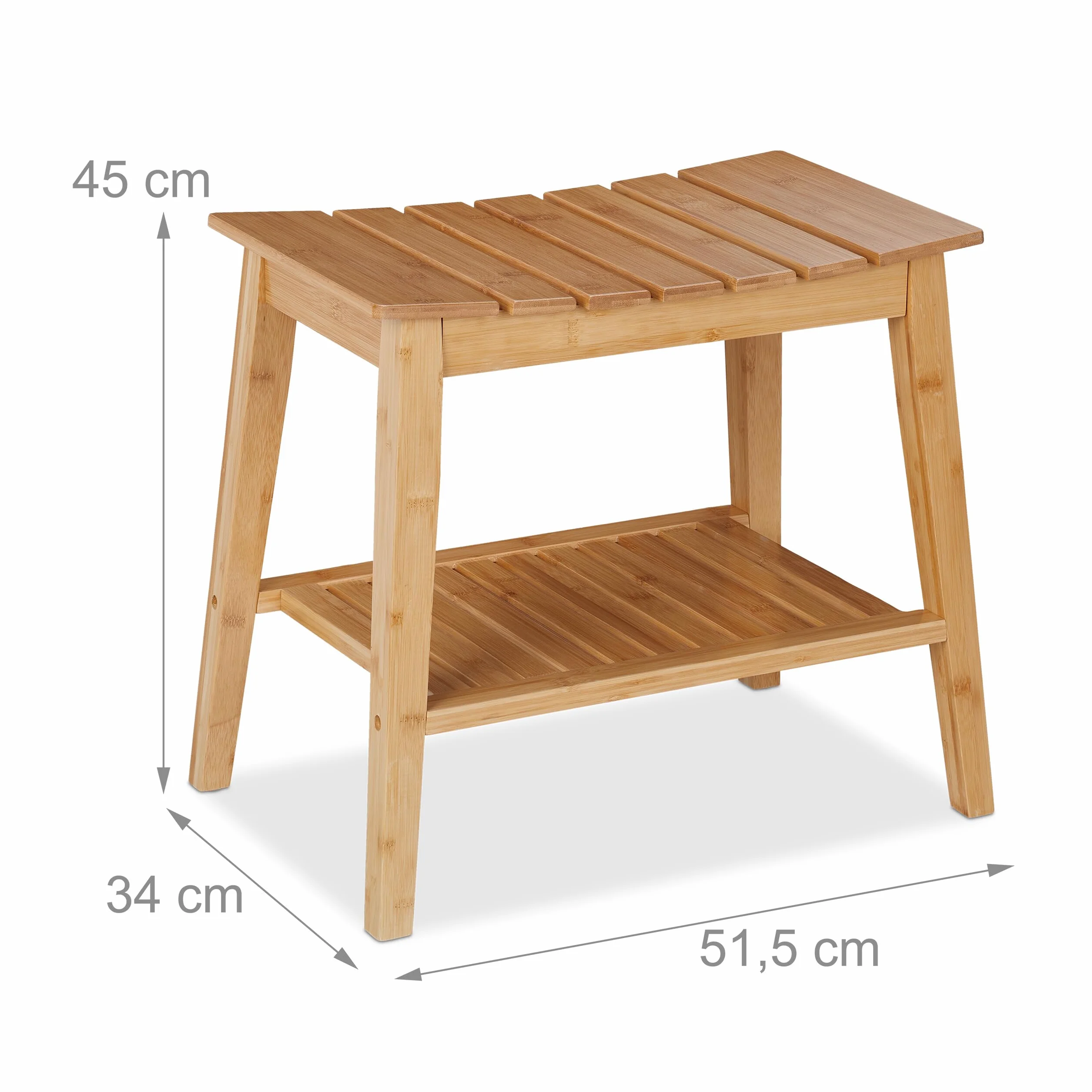 Relaxdays Taboret łazienkowy z dodatkową półką, taboret do siedzenia z bambusa, wys. x szer. x gł.: 45 x 51,5 x 34 cm, miejsce do przechowywania przedpokoju i łazienki, kolor naturalny