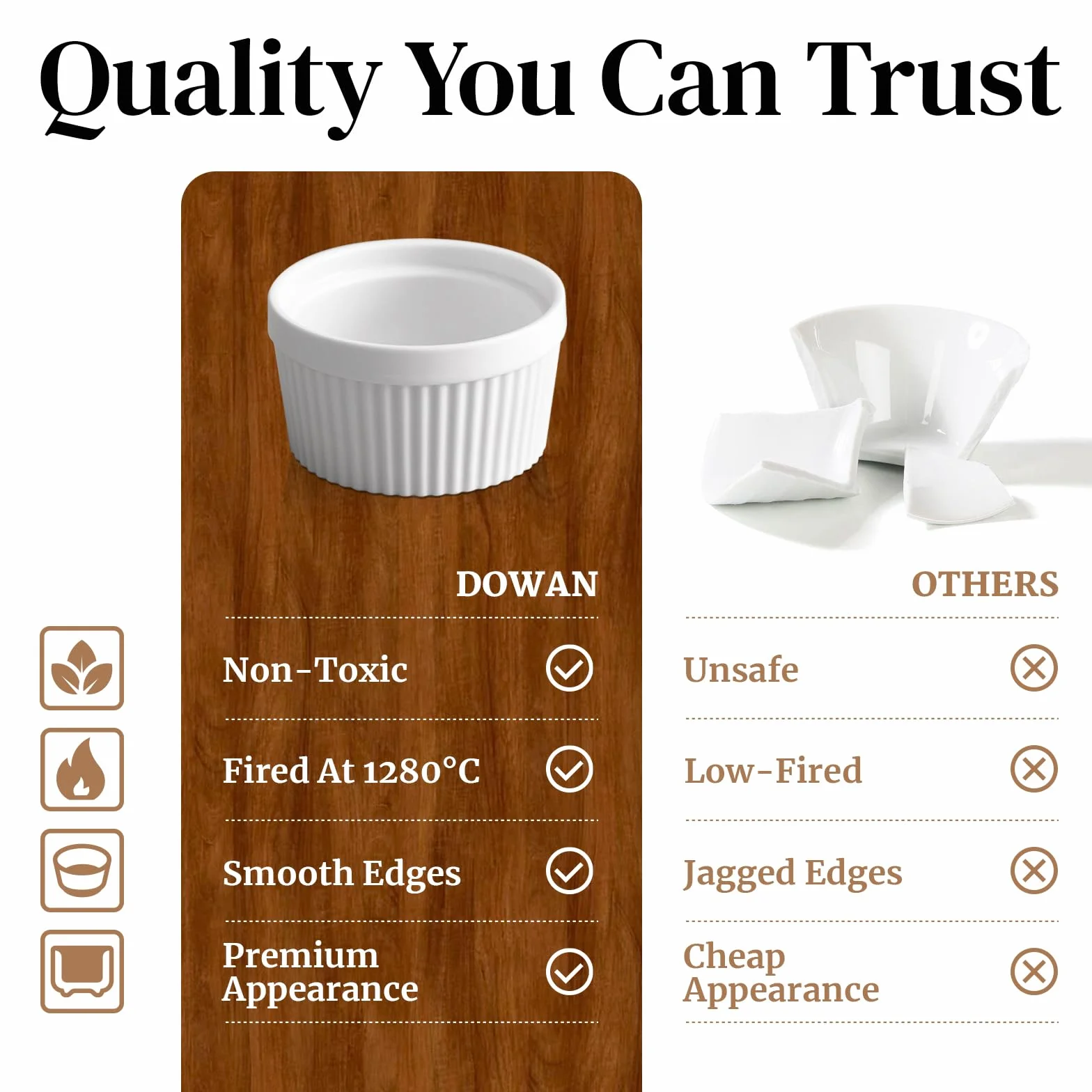 DOWAN Zestaw 6 porcelanowych ramekinów do musli, 10,2 x 5,3 cm, białe