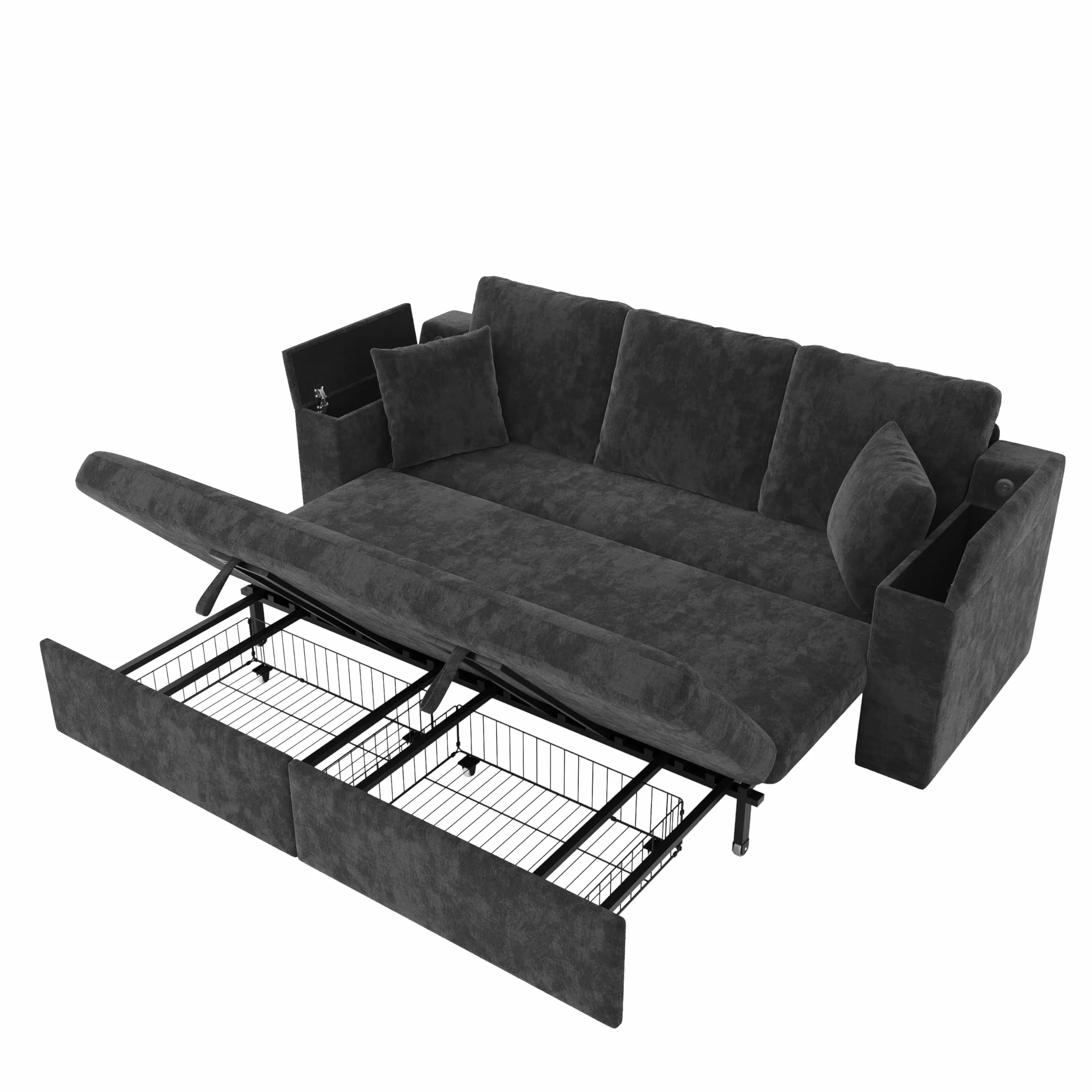 3-osobowa sofa 3 w 1 z funkcją spania, metalowa rama, miejsce do przechowywania, USB i podłokietniki, do salonu i sypialni, wielofunkcyjna, szara