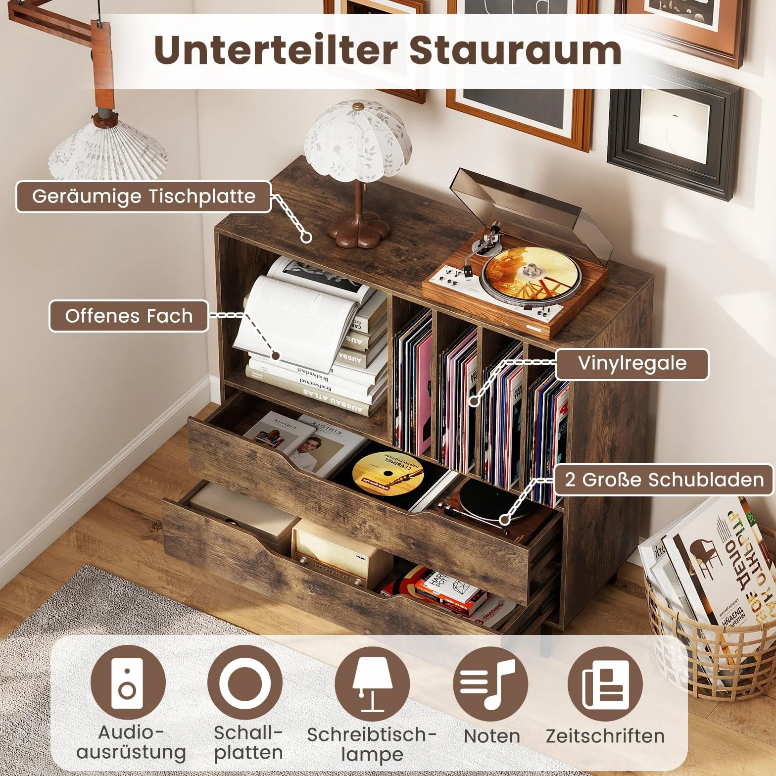 COSTWAY Stojak na Gramofon w Stylu Retro, Szafka na Płyty Winylowe z Otwartą Półką, 4 Przegrody na Winyle i 2 Szuflady, Stół Muzyczny do Salonu i Sypialni, Brązowy