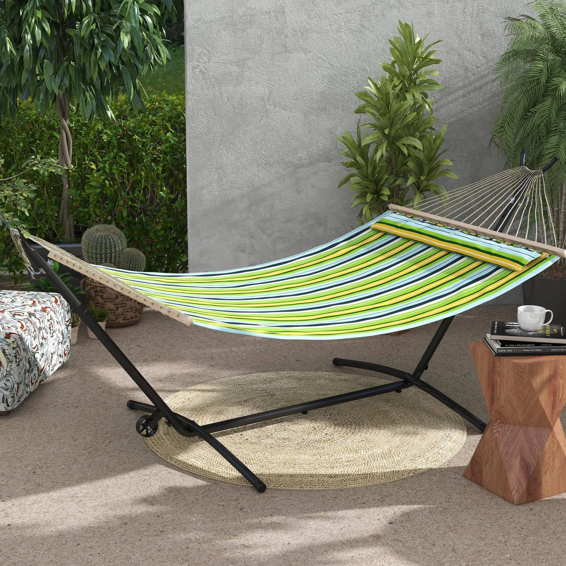 Outsunny Stelaż hamaka z kółkami, stojak do hamaka, z regulowanym haczykiem, torba do przenoszenia, obciążenie do 220 kg, stal, 290 x 120 x 115 cm