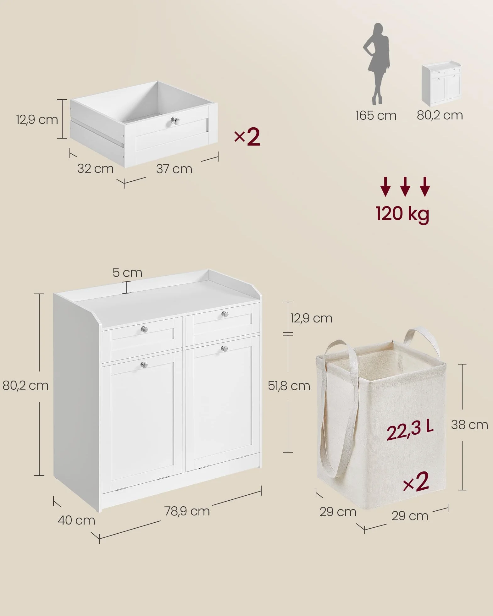 VASAGLE Szafka z koszem na bieliznę, szafka na bieliznę, szafka kuchenna z 2 szufladami i 2 koszami na bieliznę, wyjmowana komora wewnętrzna z uchwytem, 40 x 78,9 x 80,2 cm, pochmurny biały BBC751W01