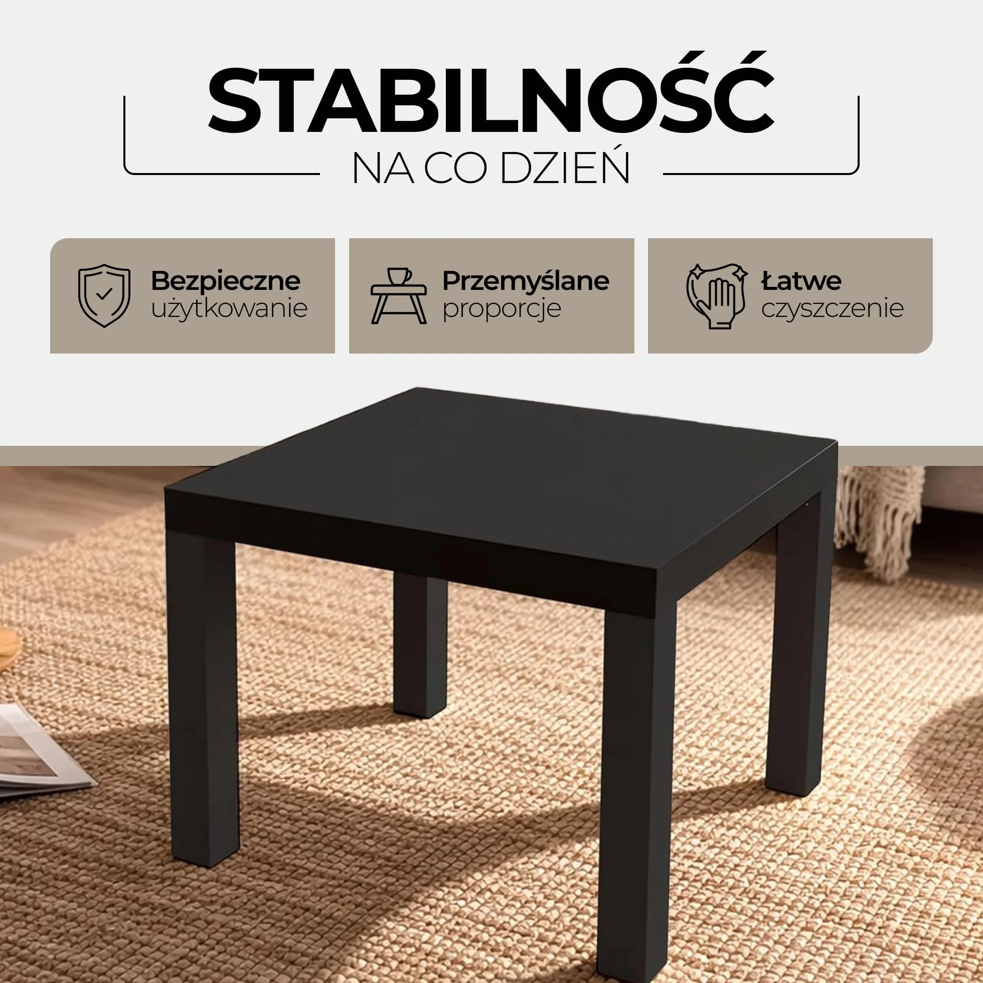 Nowoczesny stolik kawowy biały i czarny ze wzorem – mały stolik do salonu 55 x 55 cm – kwadratowy stolik kawowy – mini stolik i stolik kawowy – czarny