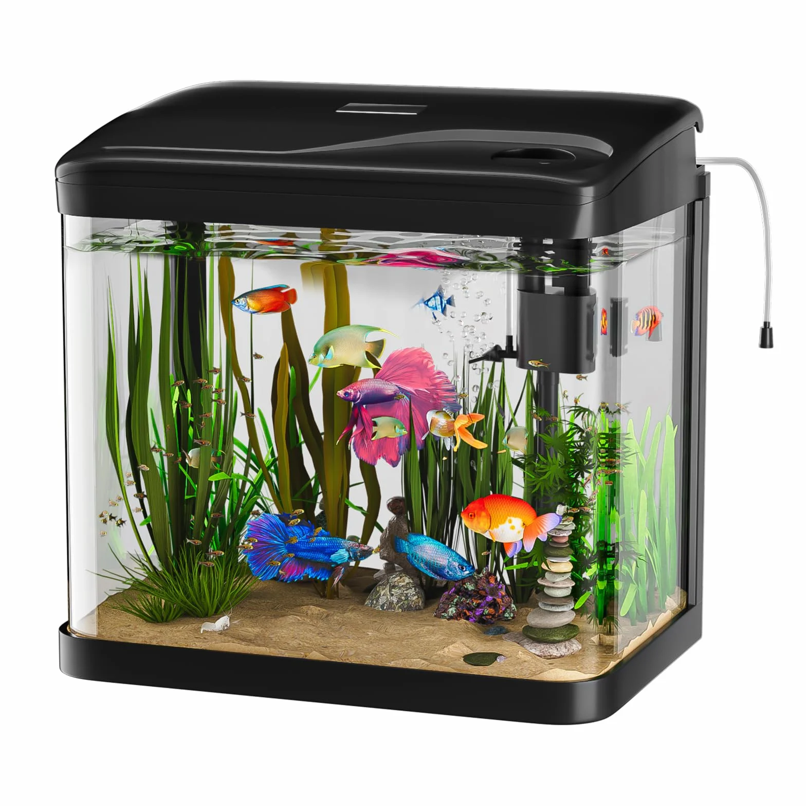 Zestaw do akwarium, 15 l, zbiornik na ryby, akwarium z lampkami LED i systemem filtracyjnym, małe akwarium, kompletny zestaw, czarny