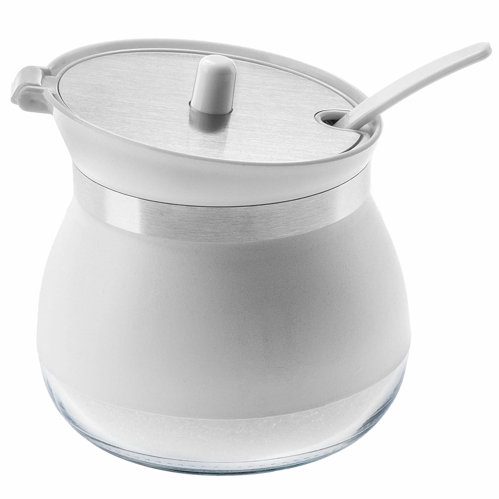 KADAX Cukiernica szklana z łyżeczką i pokrywką, 270 ml, 9x9 cm, kolor biały - elegancki pojemnik na cukier do kuchni i serwowania herbaty, szczelne zamknięcie, łatwe dozowanie