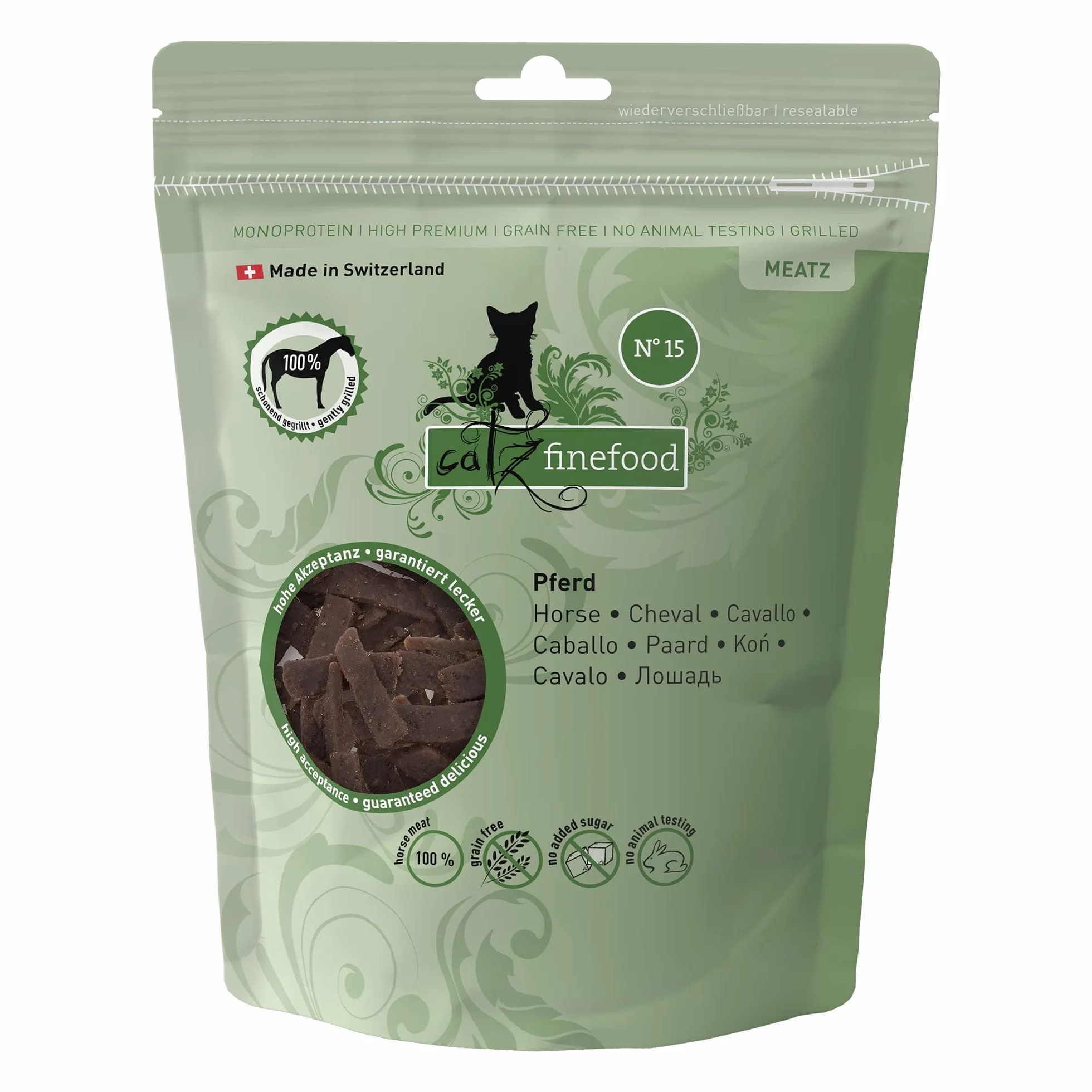 catz finefood Meatz smakołyki dla kotów, koń, nr 15, chrupiące paski ze 100% mięsa końskiego, przekąska dla alergików bez cukru, bez zboża (1 x 45 g)