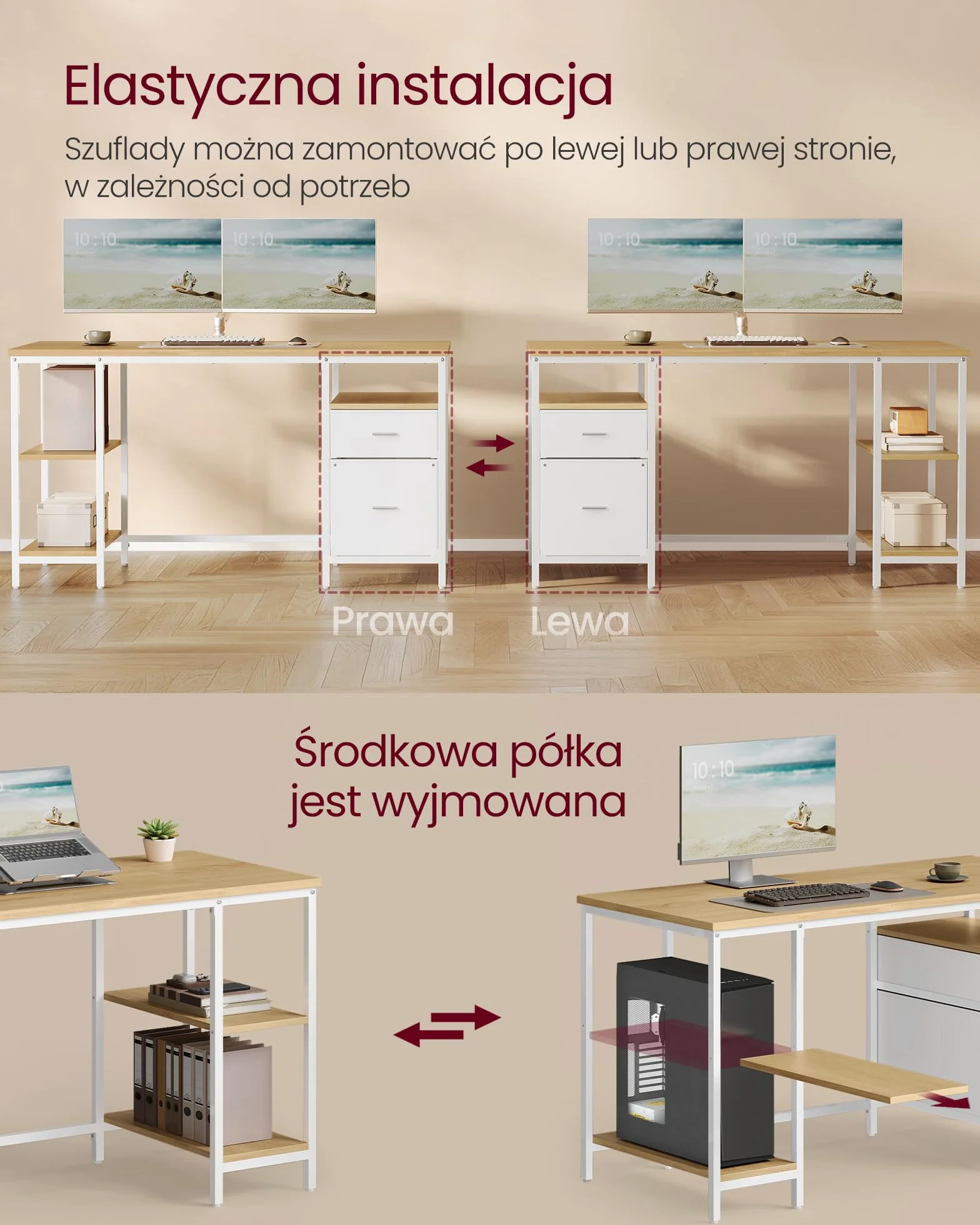 VASAGLE Biurko komputerowe, stół ze schowkiem, 3 półki, 2 szuflady, 60 x 140 x 76 cm, do biura, salonu, nowoczesnego stylu, kolor naturalny dąb i perłowa biel LWD104Y01
