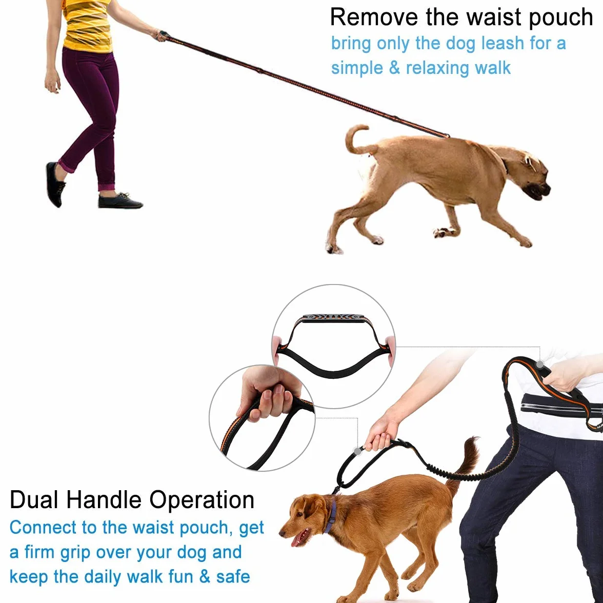 Philorn Smycz dla psa bez użycia rąk z etui na telefon, smycz dla psa do biegania / joggingu, amortyzująca wstrząsy podwójna rączka bungee (119-170 cm), odblaskowe szwy, regulowany pas biodrowy
