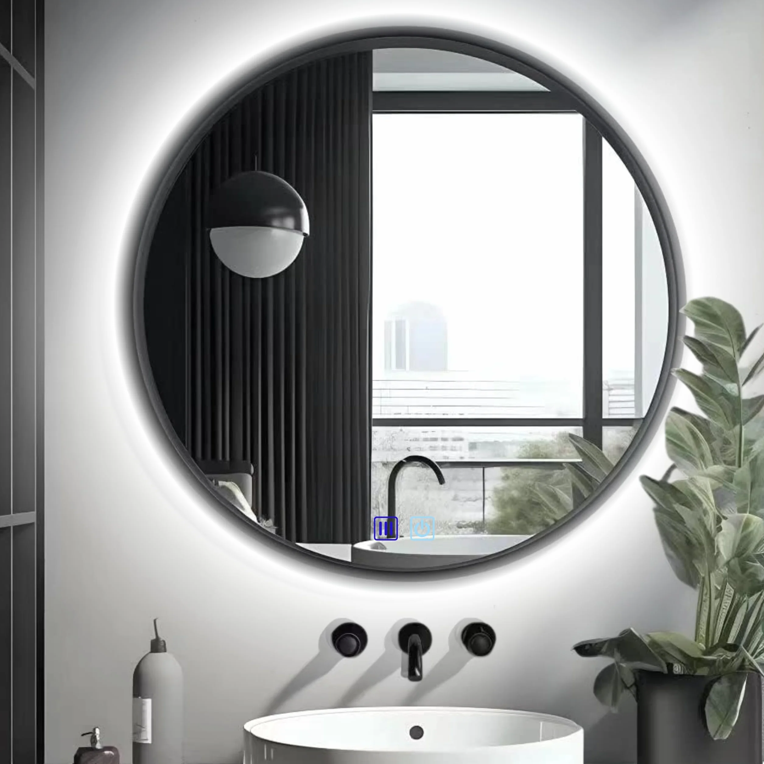 Lustro ścienne łazienkowe okrągłe 60 cm LED Podświetlane z RAMĄ LOFT ANTI-FOG 3 barwy światła Lustro z Regulacją Barwy i Jasności - Pamieć ustawień - IP44 – duże nowoczesne do Łazienki Toaletki Salonu