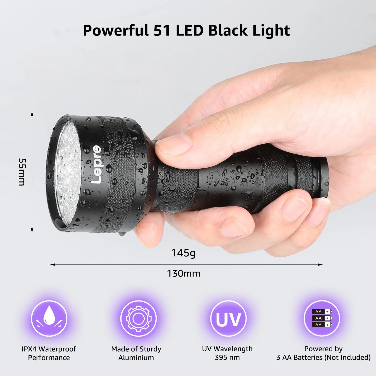 Lepro Latarka UV 51 LED 395 nm, Wykrywacz Czarnego Światła do Moczu Zwierząt