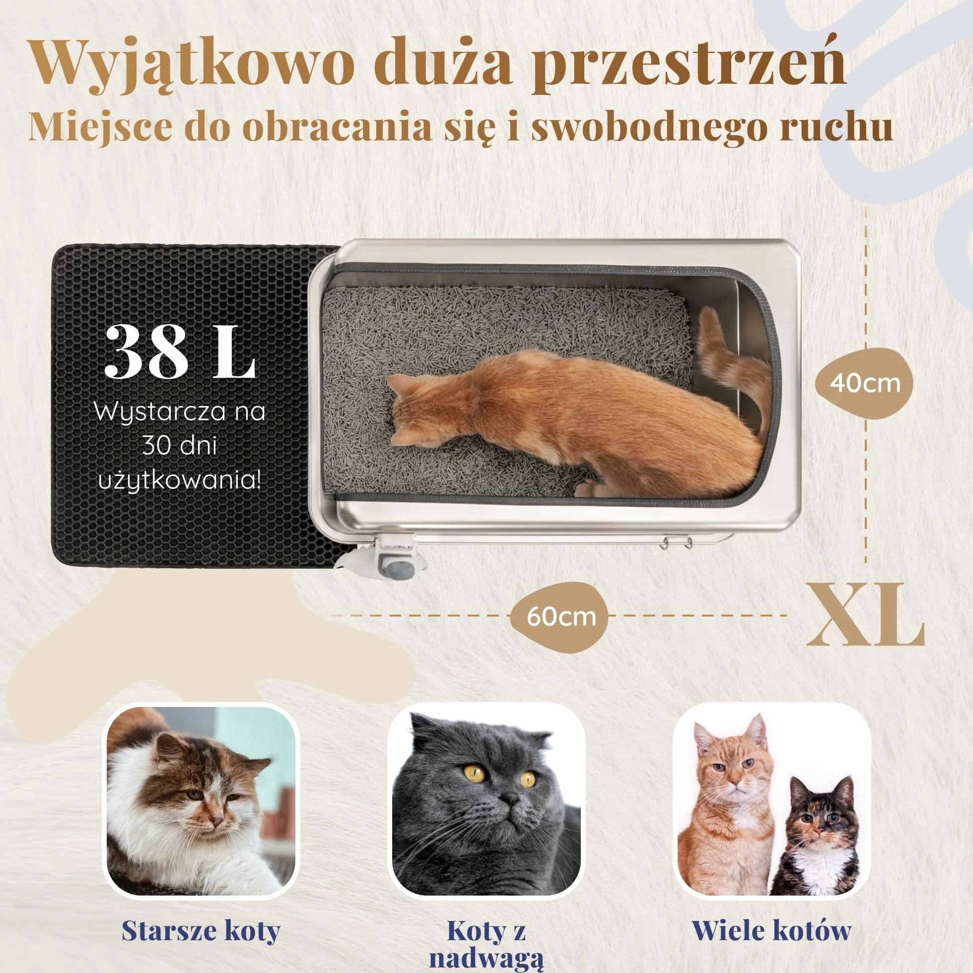Kuweta dla Kota ze Stali Nierdzewnej XXL 38L z Wysokim Rantem