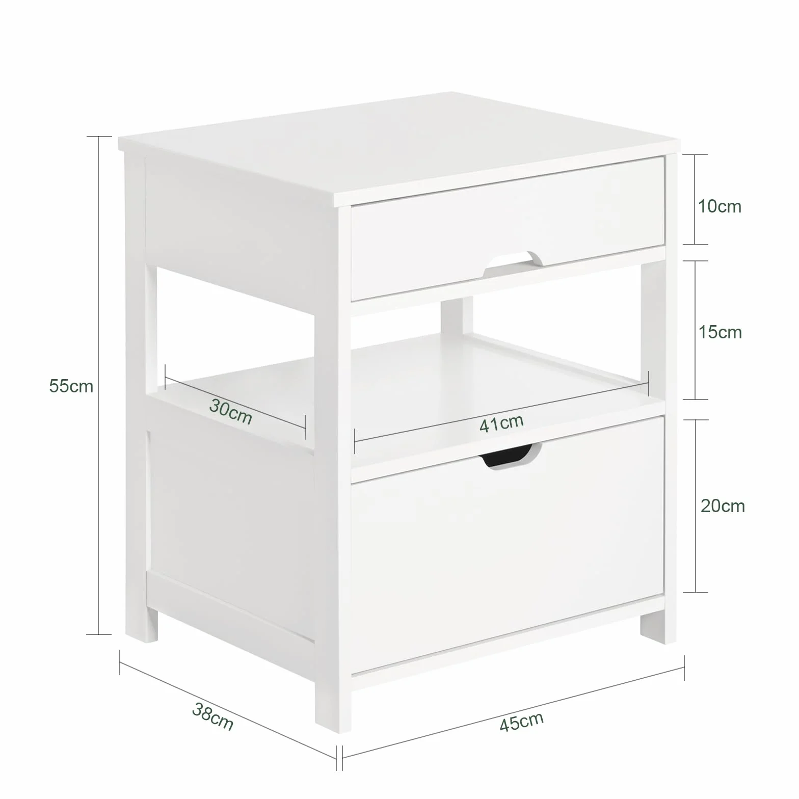 SoBuy Stolik Nocny z 2 Szufladami i Półką, Stoliczek do Sypialni - Nowoczesny Mebel do Przechowywania S45 x G38 x W55 cm Biały FRG258-II-W