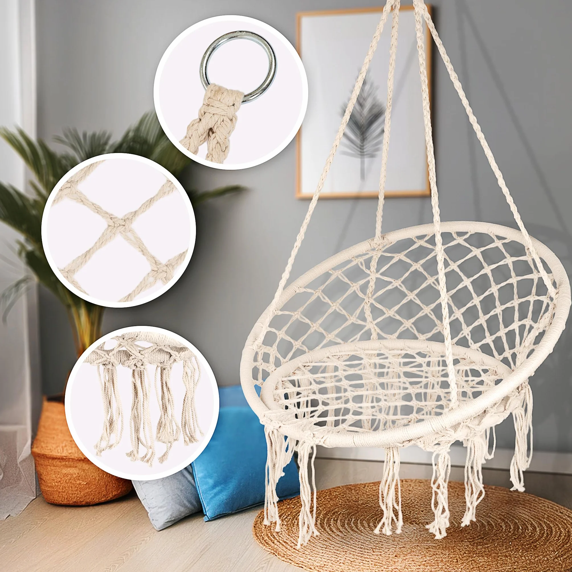 Fotel Wiszący Boho Ecru – Huśtawka Bocianie Gniazdo z Frędzlami | Fotel Hamakowy do Salonu, Ogrodu, Balkonu | Styl Boho | Max 150 kg | Do Wnętrz i Na Zewnątrz