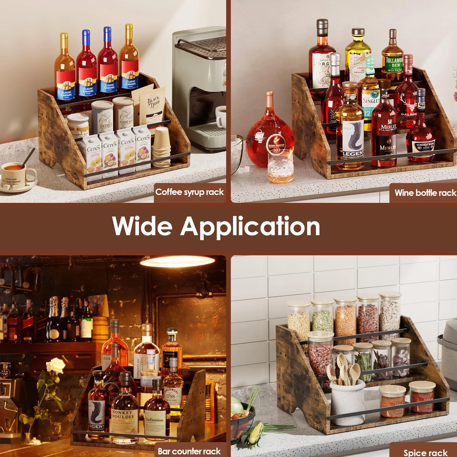 Nuovoware Półka ekspozycyjna na butelkę alkoholu, 3-stopniowy drewniany organizer na syrop do kawy z uchwytem ogrodzeniem, 12-butelkowy ekspozytor na alkohol dom retro stojak na wino na alkohol whisky