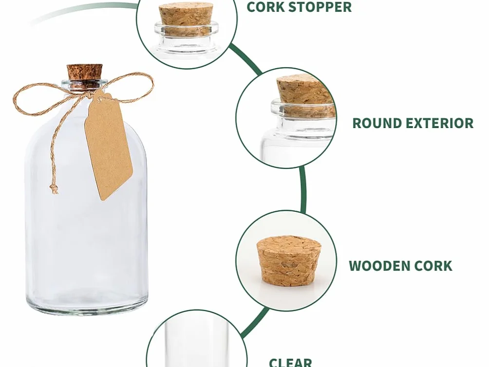 40 sztuk mini szklanych butelek z korkiem, szklane butelki 50 ml na upominki weselne, szklane butelki z korkowymi korkami, etykiety i sznurek do dekoracji rzemieślniczych, weselnych