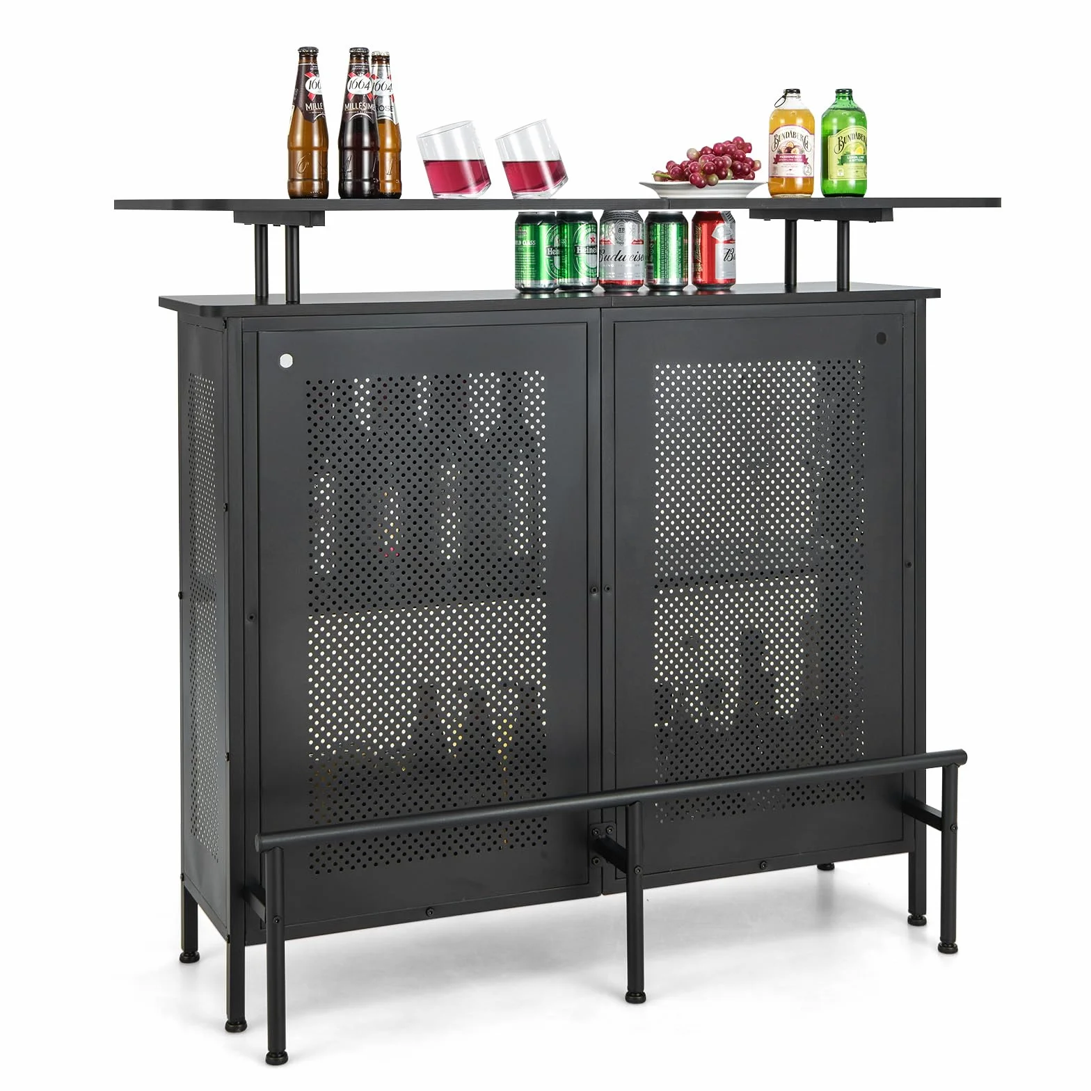 KOMFOTTEU Stół barowy z 2 półkami i podnóżkiem, 120 x 50 x 106,5 cm, blat kuchenny z dużą przestrzenią do przechowywania i regulowanym podnóżkiem, bar domowy