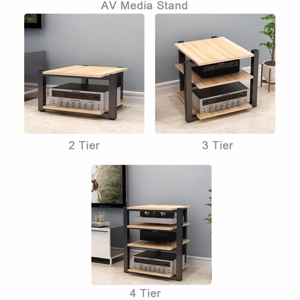 4-poziomowy stojak audio z drewnianymi półkami na wzmacniacz, nośniki AV i komponenty stereo, odtwarzacz CD, półka narożna, do studia nagraniowego, czarny, 70 x 55 x 90 cm