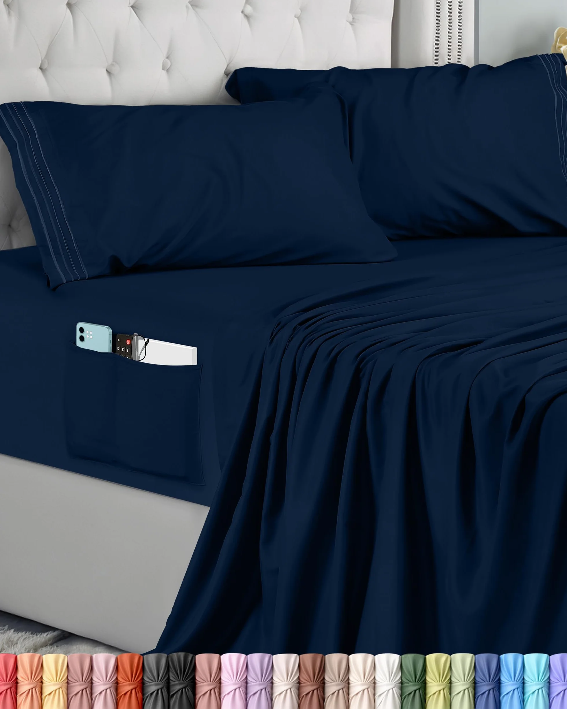 Utopia Bedding 4-Częściowy Haftowanych Zestaw Prześcieradeł 180x200 cm - Poliester Mikrofibra, Prześcieradło Dopasowane, Płaskie Prześcieradło I 2 Haftowane Poszewki Na Poduszki, Granatowy