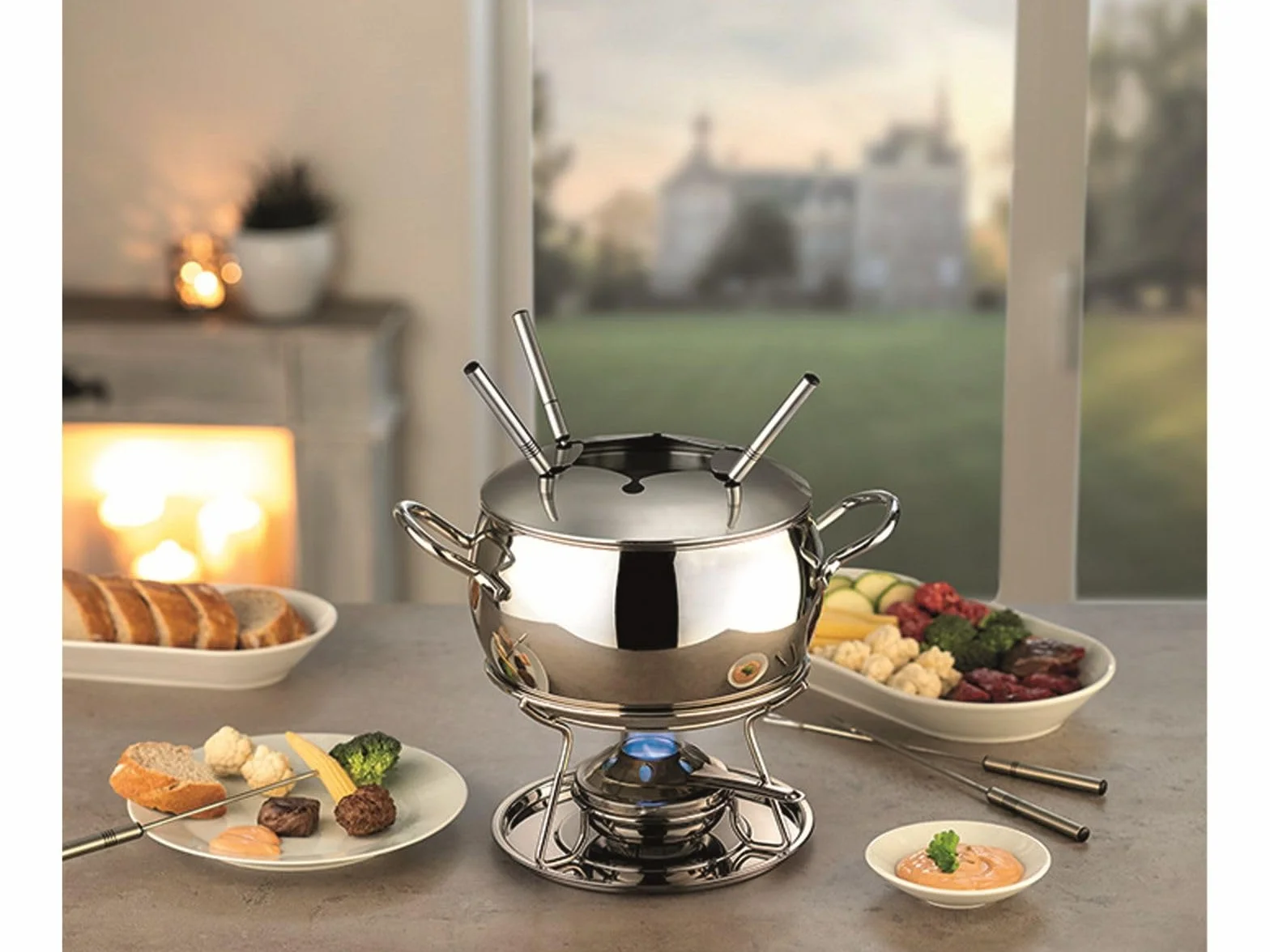 APS 65060 Zestaw do fondue i szczypce do fondue, garnek do fondue, pokrywka ze stali nierdzewnej, polerowana na lustro, chromowana, chochla, na ok. 2,2 l.