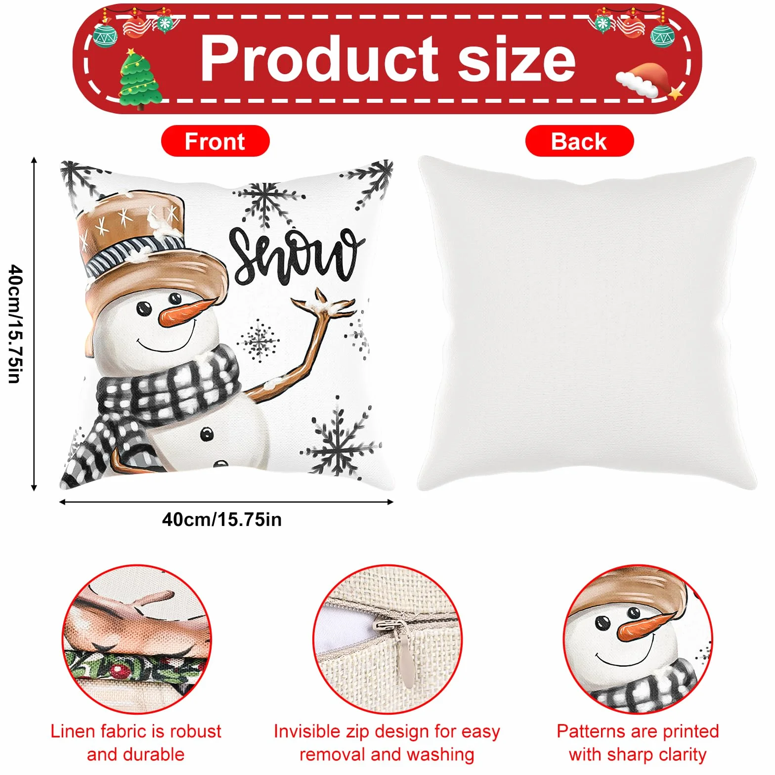 Christmas poszewka na poduszkę 40 x 40, 4 sztuki, lniana poduszka bożonarodzeniowa, dekoracja bożonarodzeniowa, kolor biały i szary, dekoracja renifera, do salonu, na kanapę, dekoracja
