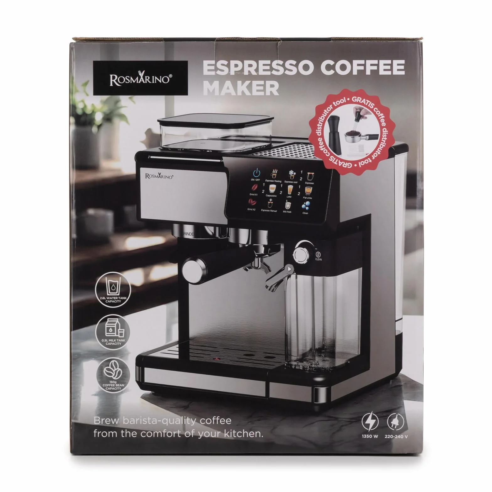 ROSMARINO W pełni automatyczny ekspres do kawy z młynkiem, pompa 20 bar, automatyczny spieniacz do mleka, Touch Control, zbiornik na wodę 2,6 l, espresso Cappuccino Latte, samoczyszczący, czarny