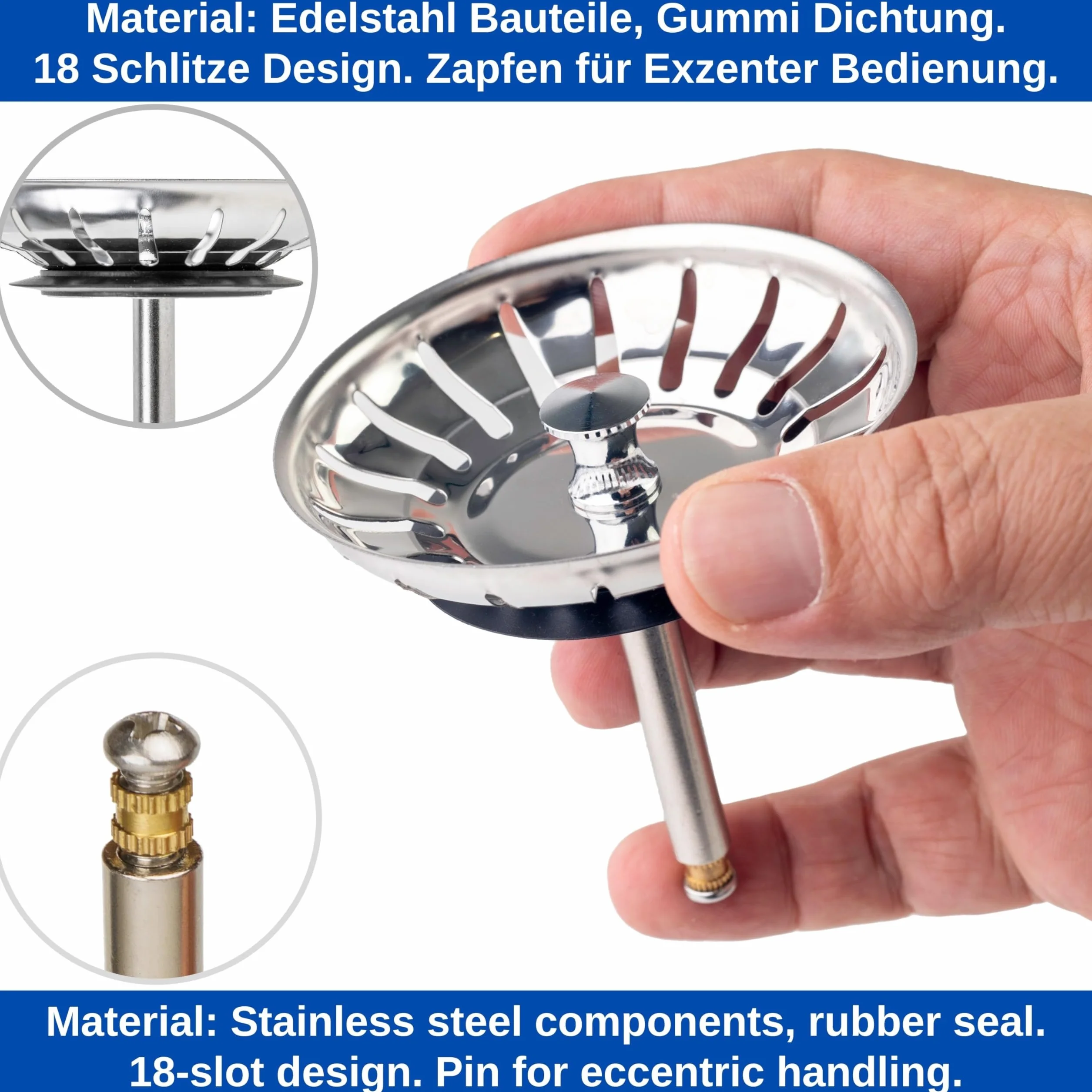 Sitko do zlewu kuchennego, Ø 79 mm, kompatybilny z Blanco 119146, kosz sitkowy 3,5" z 18 rowkami, trzpień mimośrodowy 52-97 mm, trzpień Ø 8 mm, część zamienna do zlewu, wkładka sitko do zlewu, funkcja