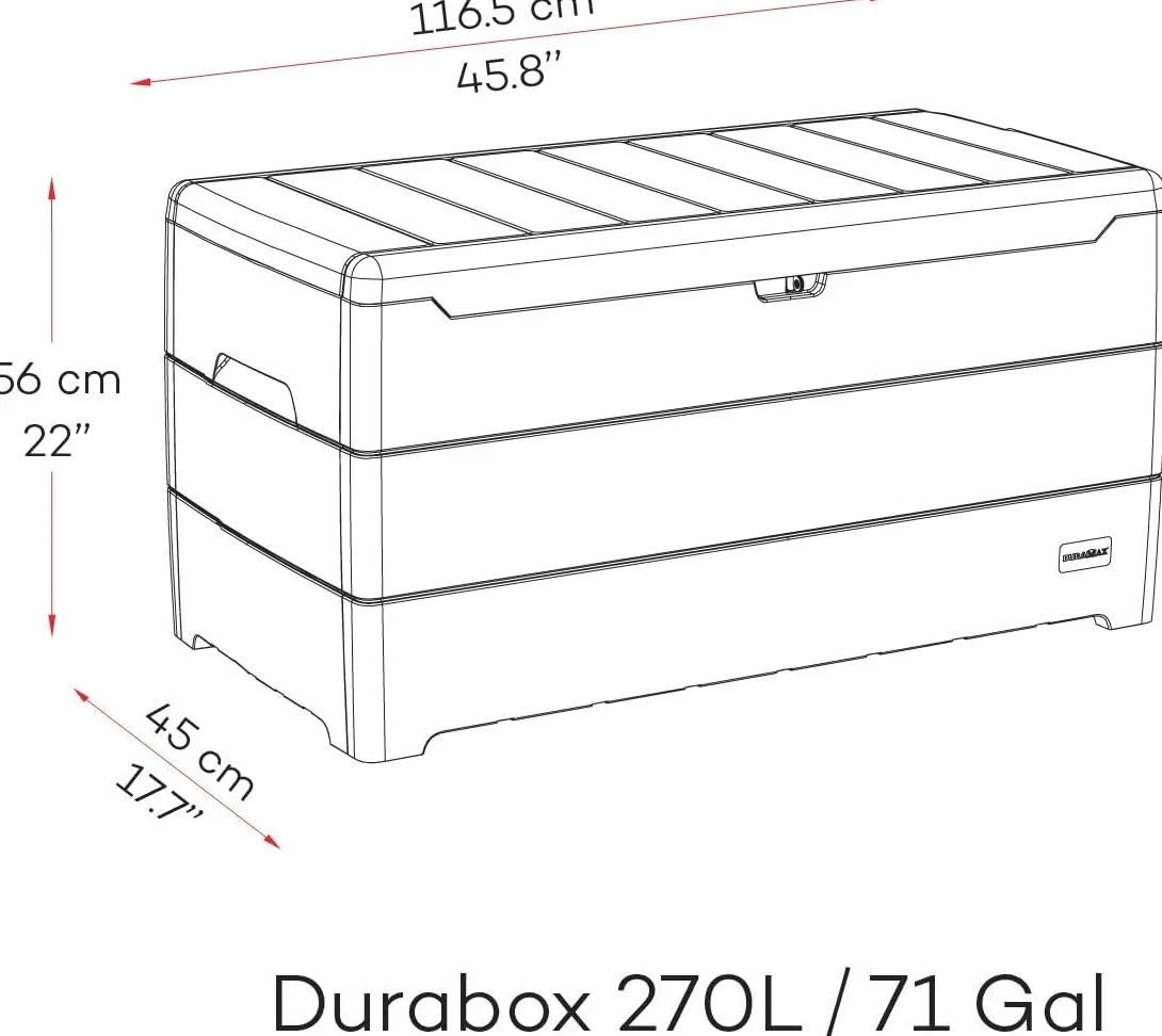 Duramax Cedargrain Durabox 270 litrów/71 galonów pojemnik do przechowywania, Organizer na meble ogrodowe, plastikowe pudełko na poduszki, pudełko na patio, ciemnoszary