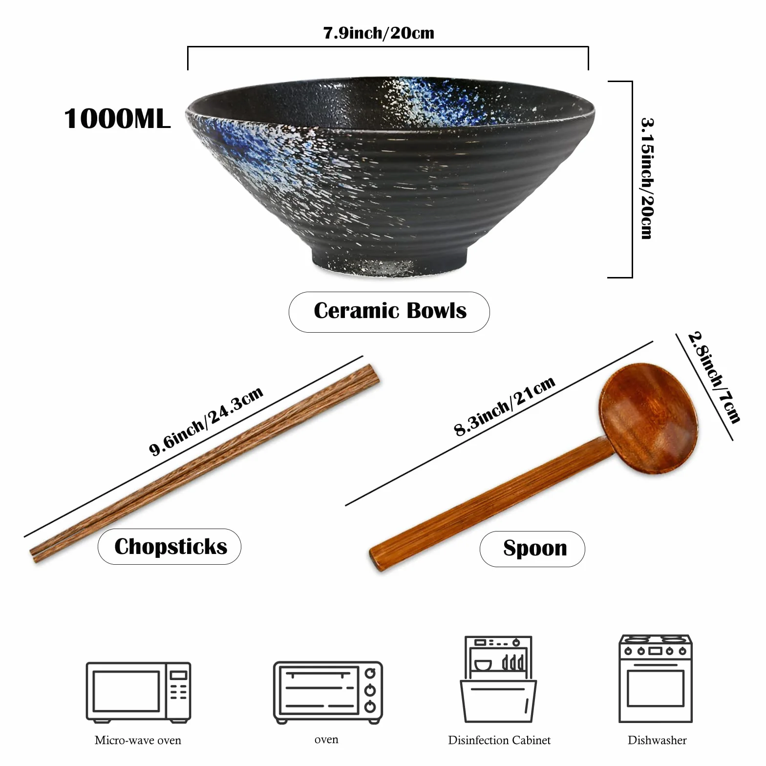 Ramen Bowl Ceramic, 2 zestawy (6 sztuk) Ramen Bowl z łyżkami i patyczkami, bezsaskową japońskie potrawy do ramen, sałatki, musli, 1000 ml, 20 x 20 x 9 cm