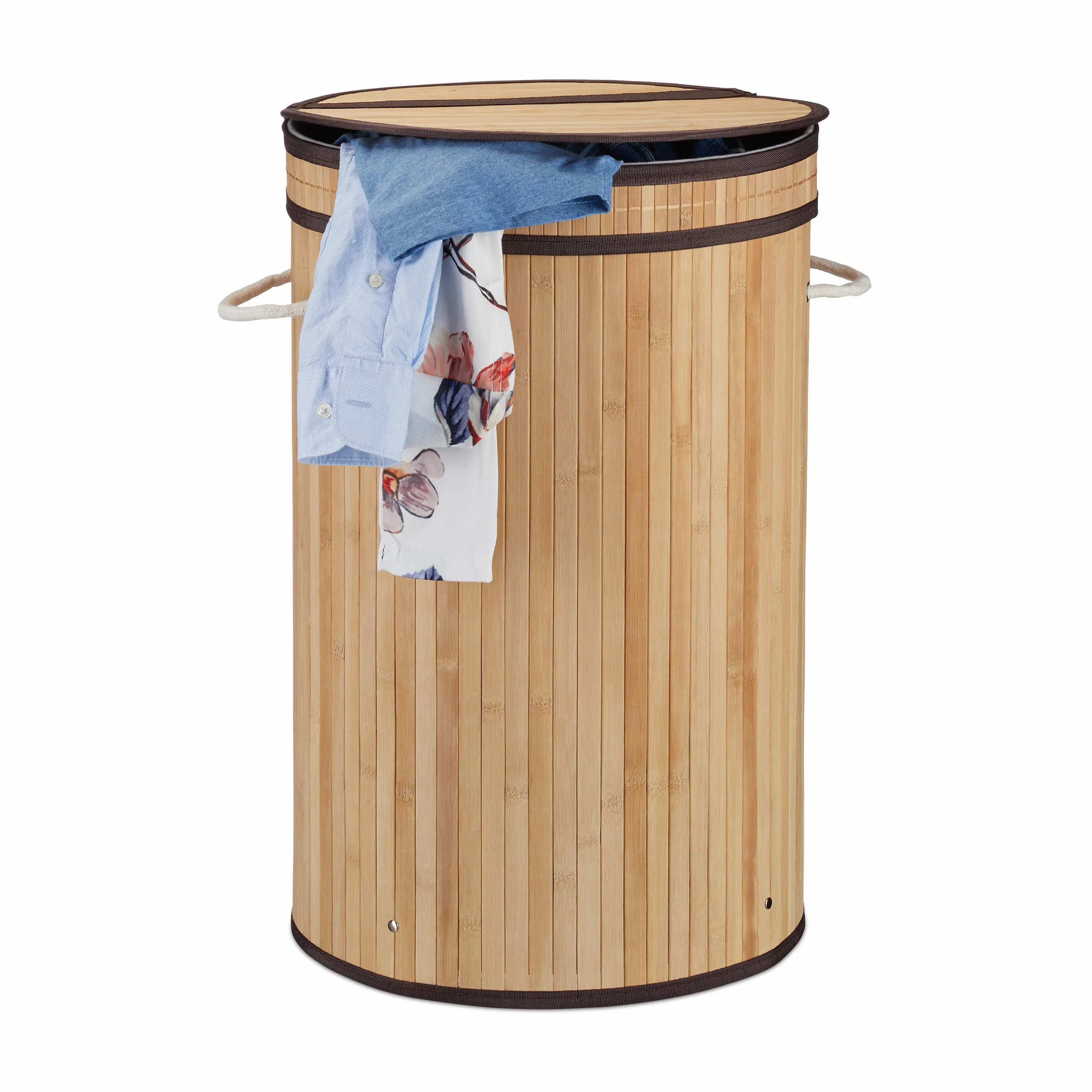 Relaxdays Bambusowy kosz na pranie, okrągły kosz na pranie z pokrywą na zawiasach, 65 l, składany pojemnik na pranie, okrągły, Ø 40 cm, naturalny