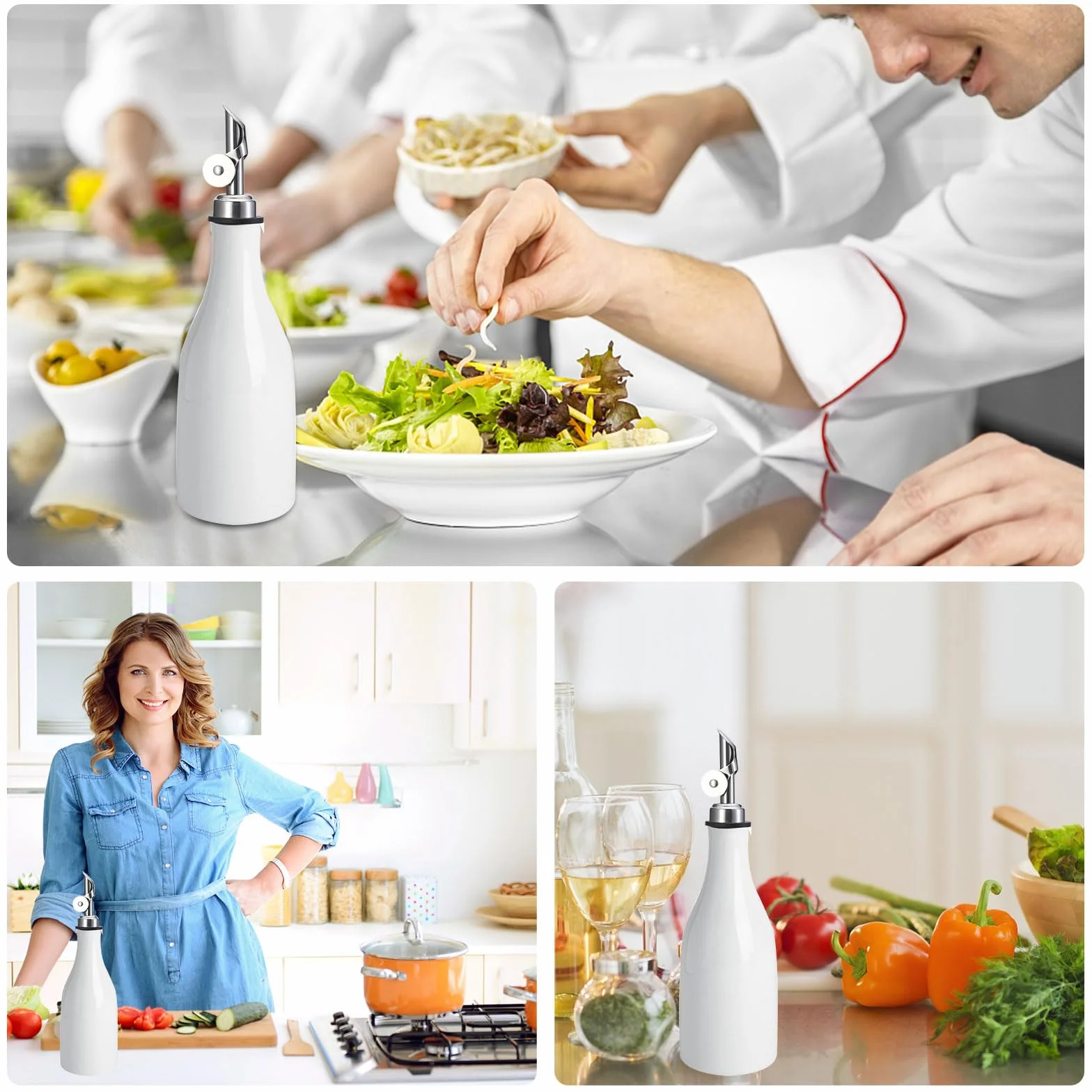 300 ml ceramiczna butelka na oliwę z oliwek, dozownik oliwy z oliwek, butelka na olej i ocet, zestaw z etykietką, lejek do przechowywania oleju, octu (biała)