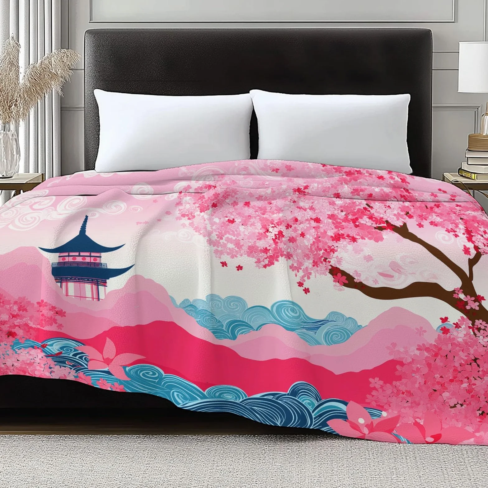 Flanelowy koc polarowy Rośliny Kwiaty Wiśni Elegancja Polar Pled, narzuta na sofę Wygodny podwójny koc na łóżko 2-osobowy koc zimowy w kratę, 220 x 240 cm różowy