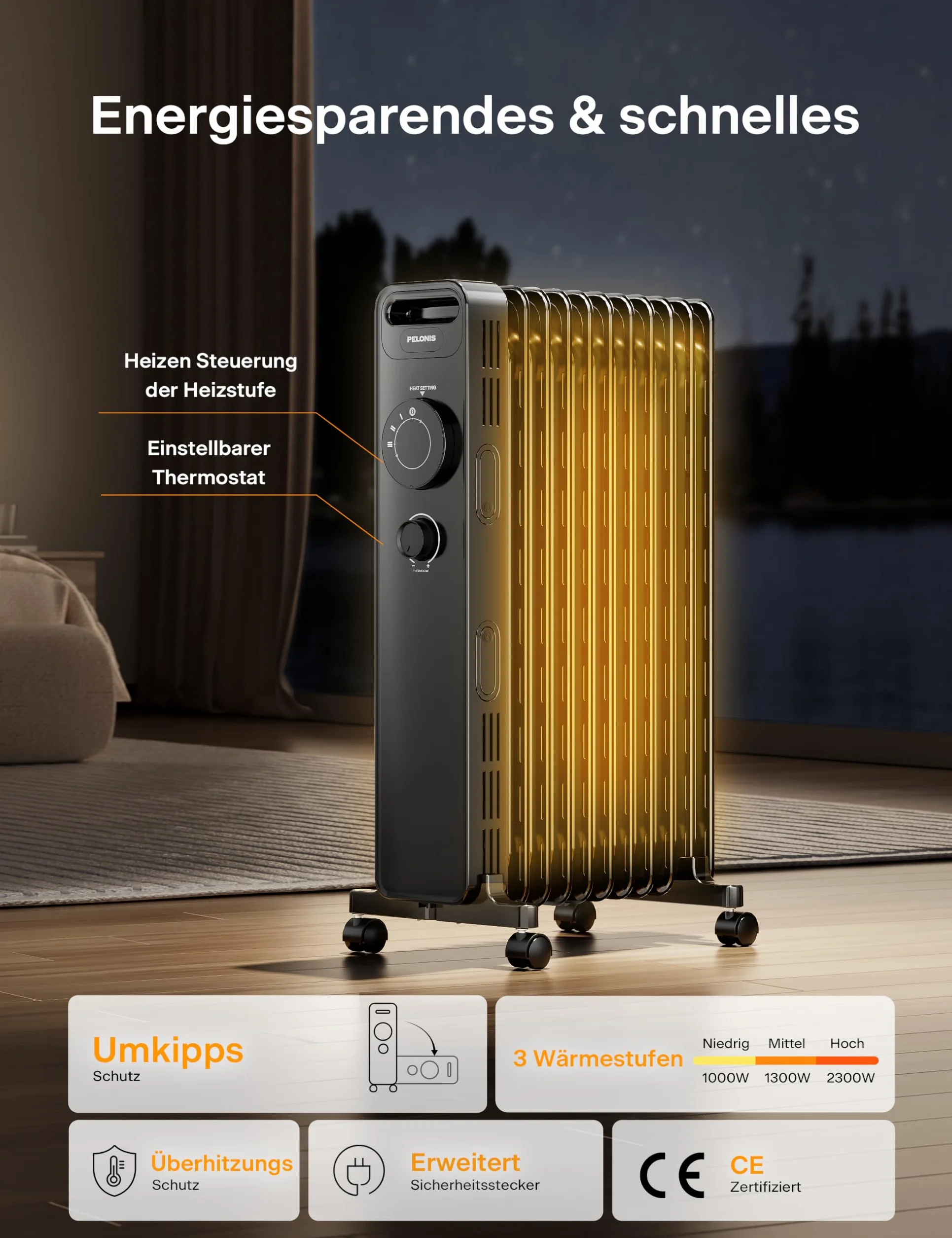PELONIS Grzejnik olejowy z regulowanym termostatem, grzejnik elektryczny z 3 stopniami grzania, regulowany termostat, zabezpieczenie przed przewróceniem i przegrzaniem, energooszczędny, 2,3 kW, 21 m²