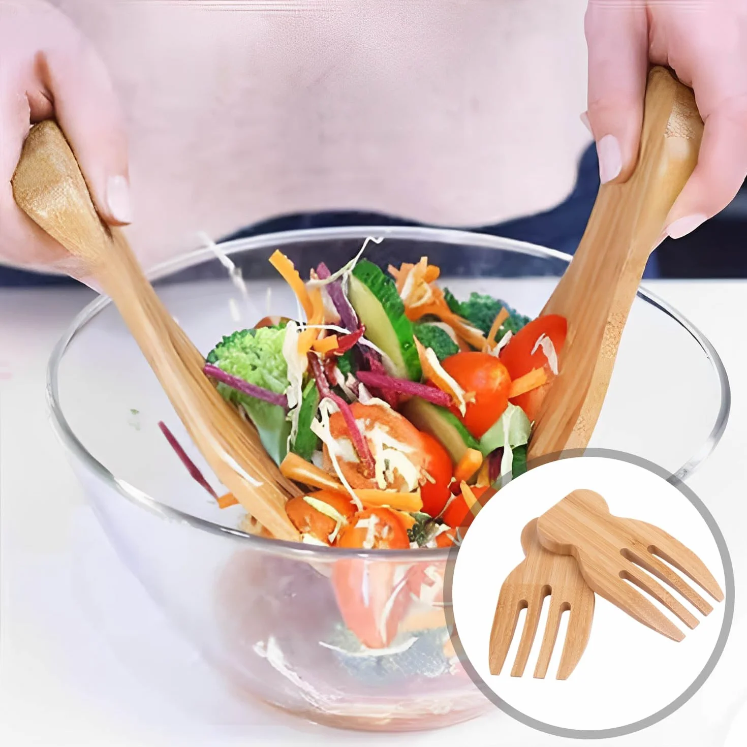 2 klamry do sałatek, 1 łyżka do pałeczek, łyżka do sałatek z drewna, sztućce do sałatek, widelec do sałatek, zestaw do sałatek, przybory kuchenne i narzędzia