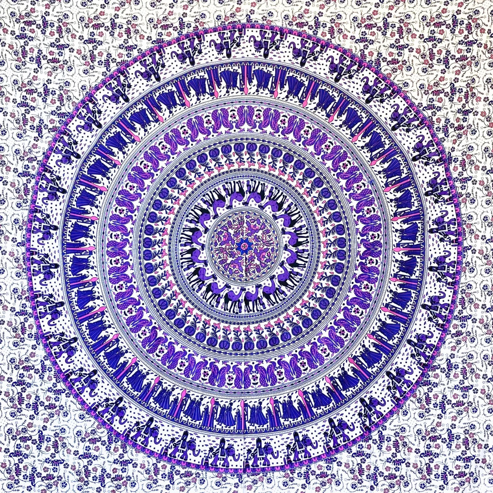 MOMOMUS Dywan ścienny mandala – 100% bawełna, kolorowy, orientalne wzory – idealny jako chusta na ścianę mandala, indyjska ozdoba na ścianę z materiału i dywan ścienny w stylu boho – biało-fioletowy,