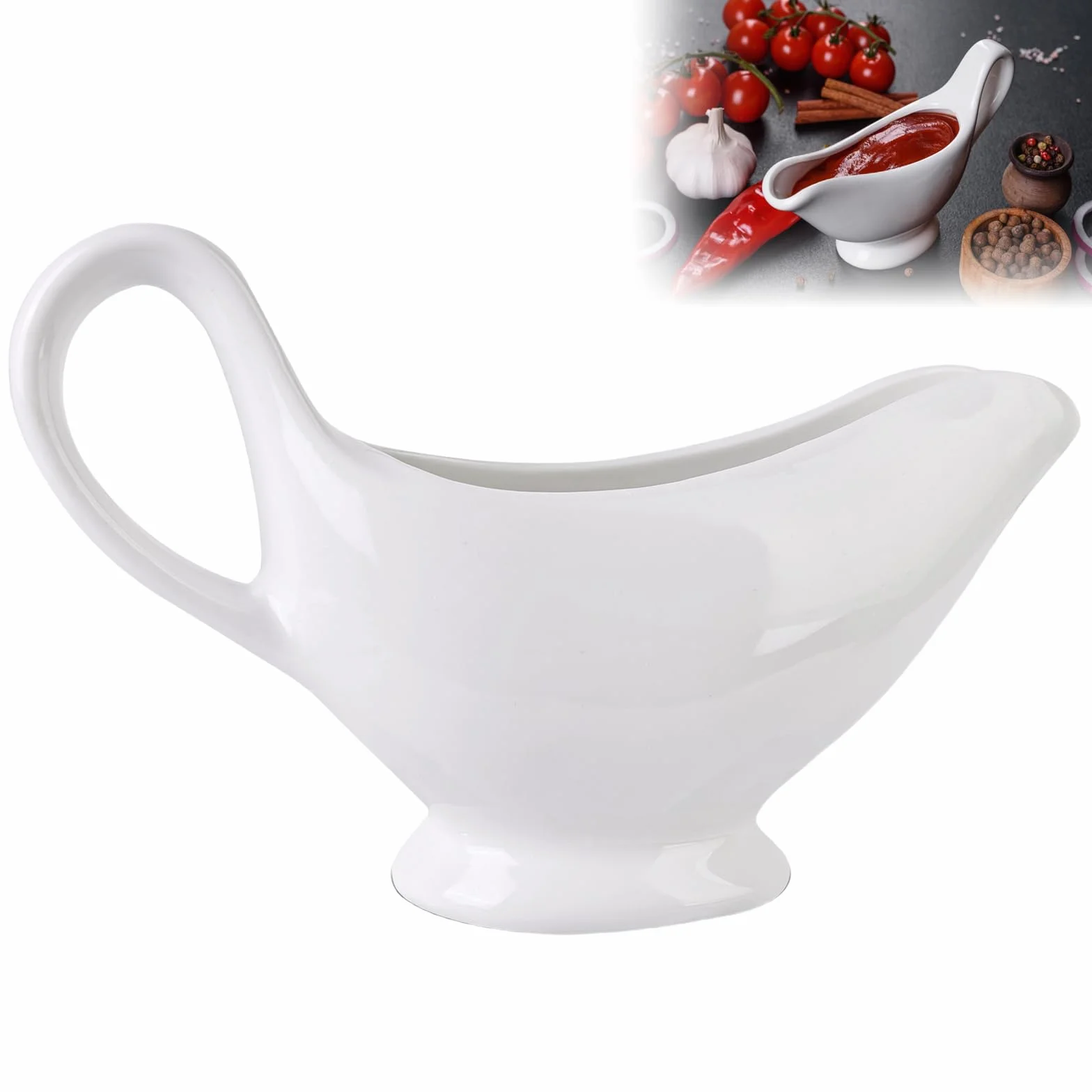 Porcelana sosjerka 300 ml, pojemnik na sosy z uchwytem, pojemnik na sosy, biały, sosjerka z dzióbkiem do ust, miska do serwowania, nadaje się do sosów, dressingów sałatkowych, bulionu mlecznego, soku
