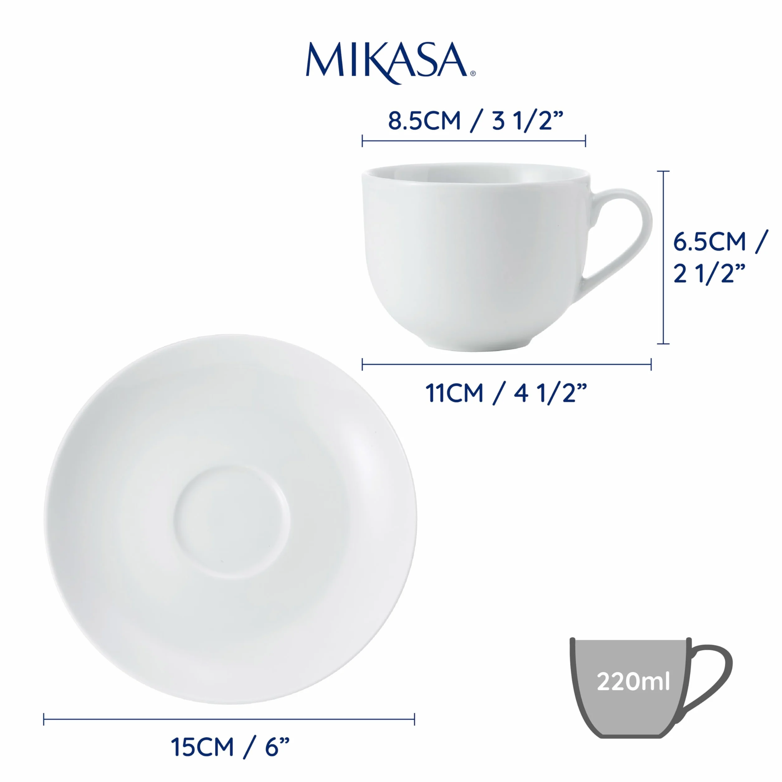 Mikasa Chalk 2-częściowy porcelanowy zestaw filiżanek i spodków do herbaty, białe filiżanki i spodki, 220 ml | porcelanowe filiżanki i spodki | można myć w zmywarce i używać w kuchence mikrofalowej